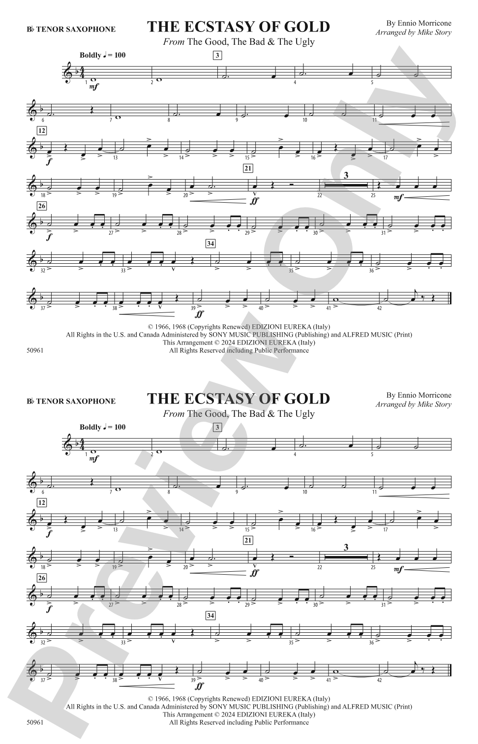 The Ecstasy of Gold: Bb Tenor Saxophone/Bartione Treble Clef