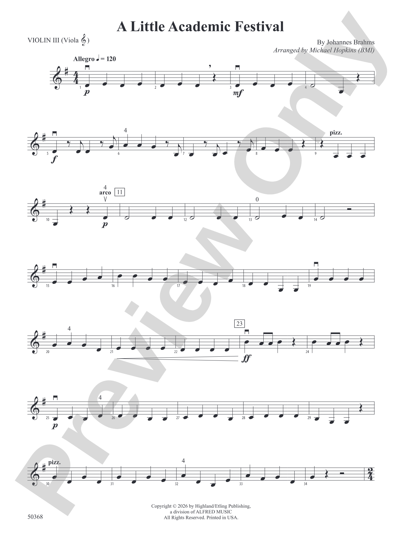 LITTLE ACADEMIC FESTIVAL/HSO: 3rd Violin (Viola [TC])