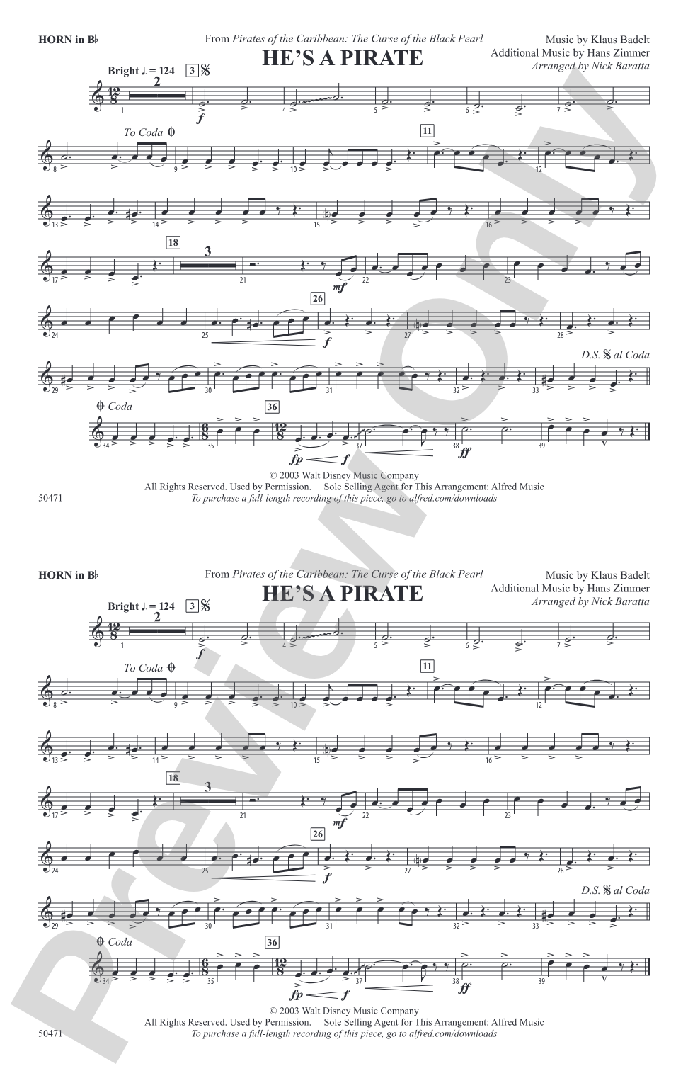 He's a Pirate: Horn in B flat