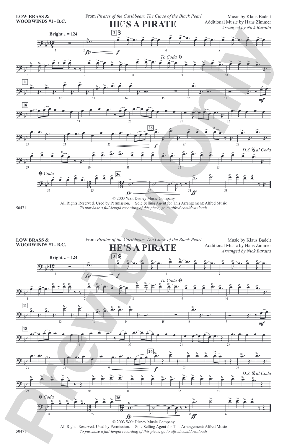 He's a Pirate: Low Brass & Woodwinds #1 - Bass Clef