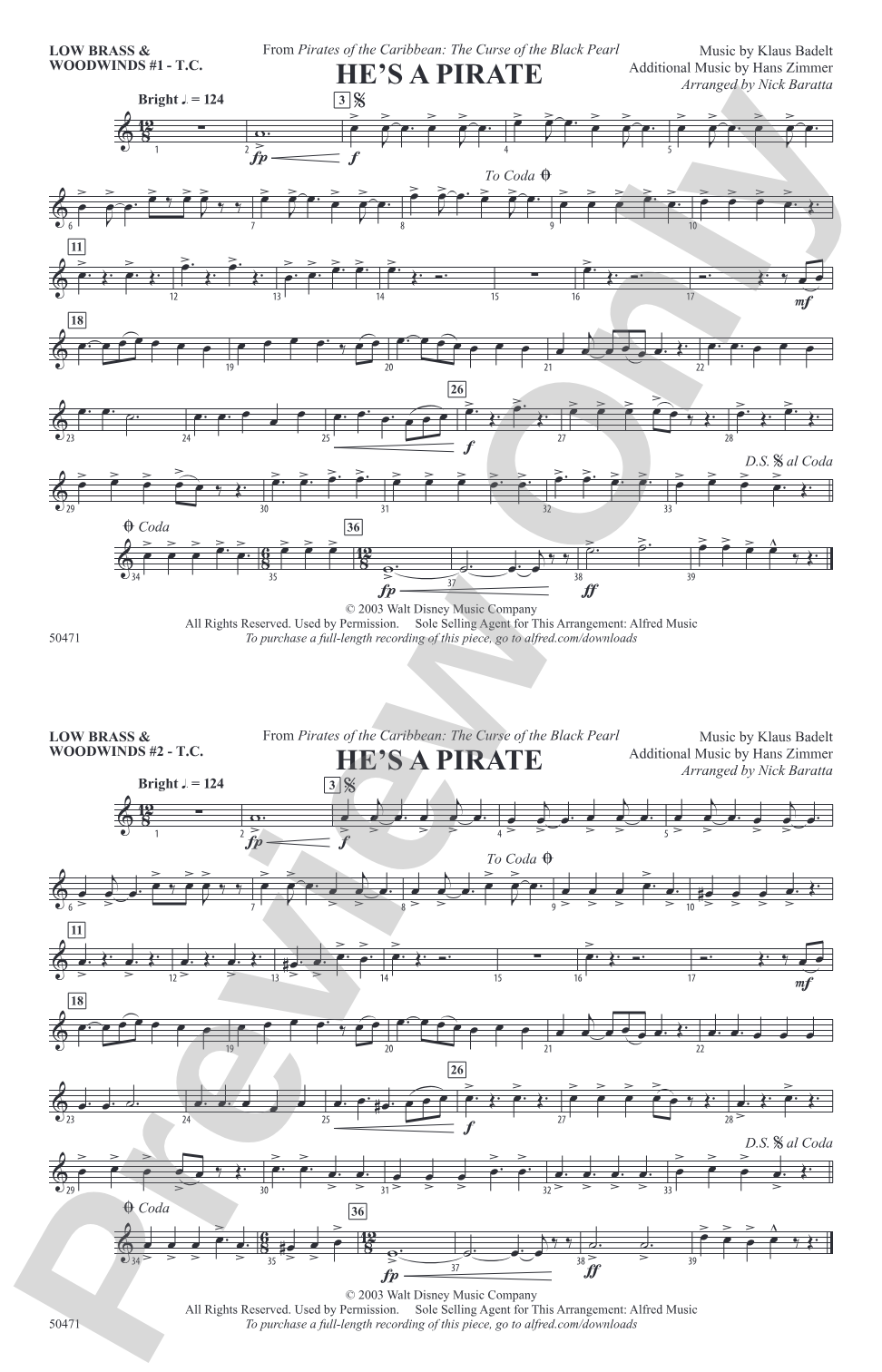 He's a Pirate: Low Brass & Woodwinds #1 - Treble Clef