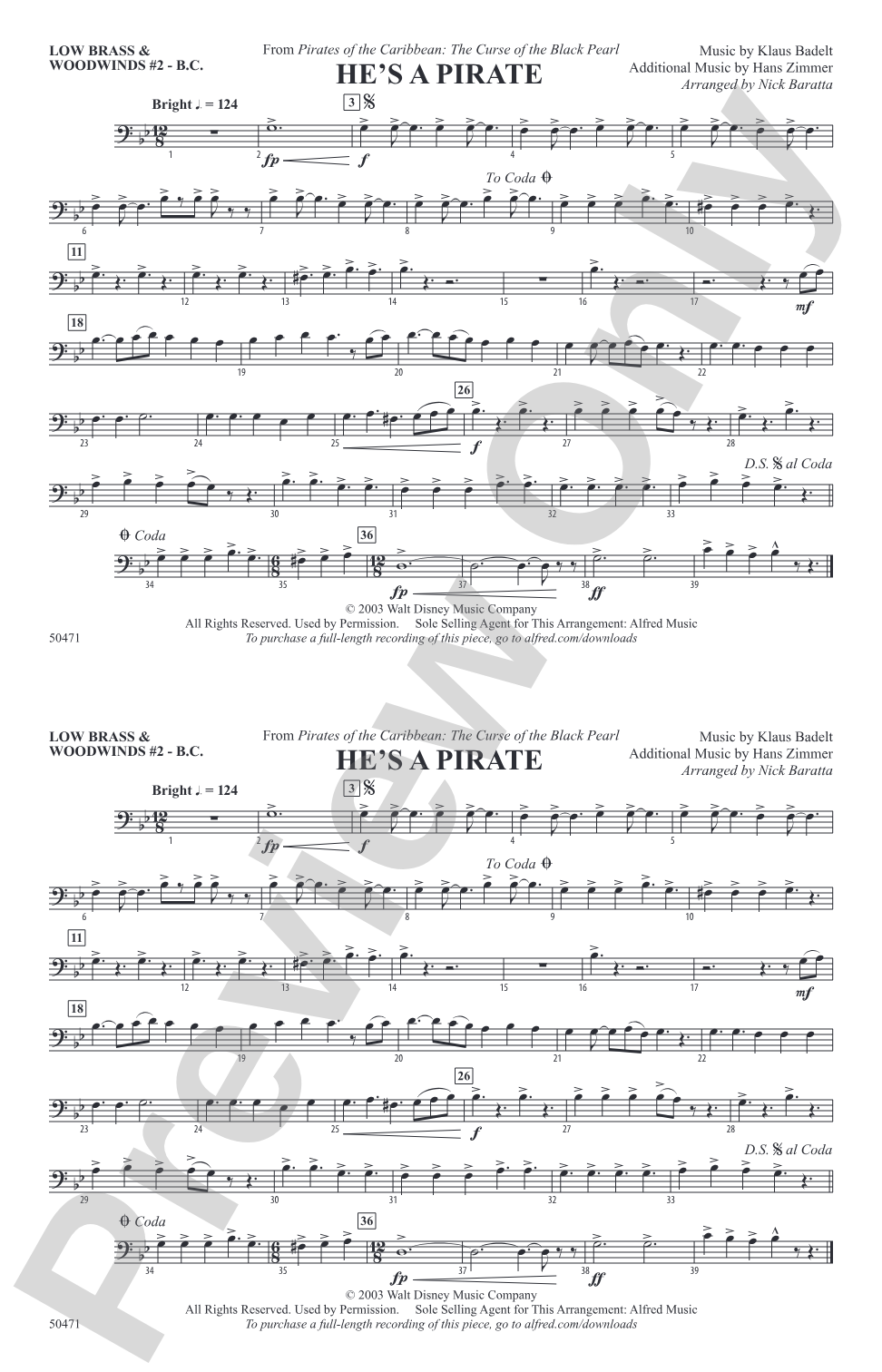 He's a Pirate: Low Brass & Woodwinds #2 - Bass Clef