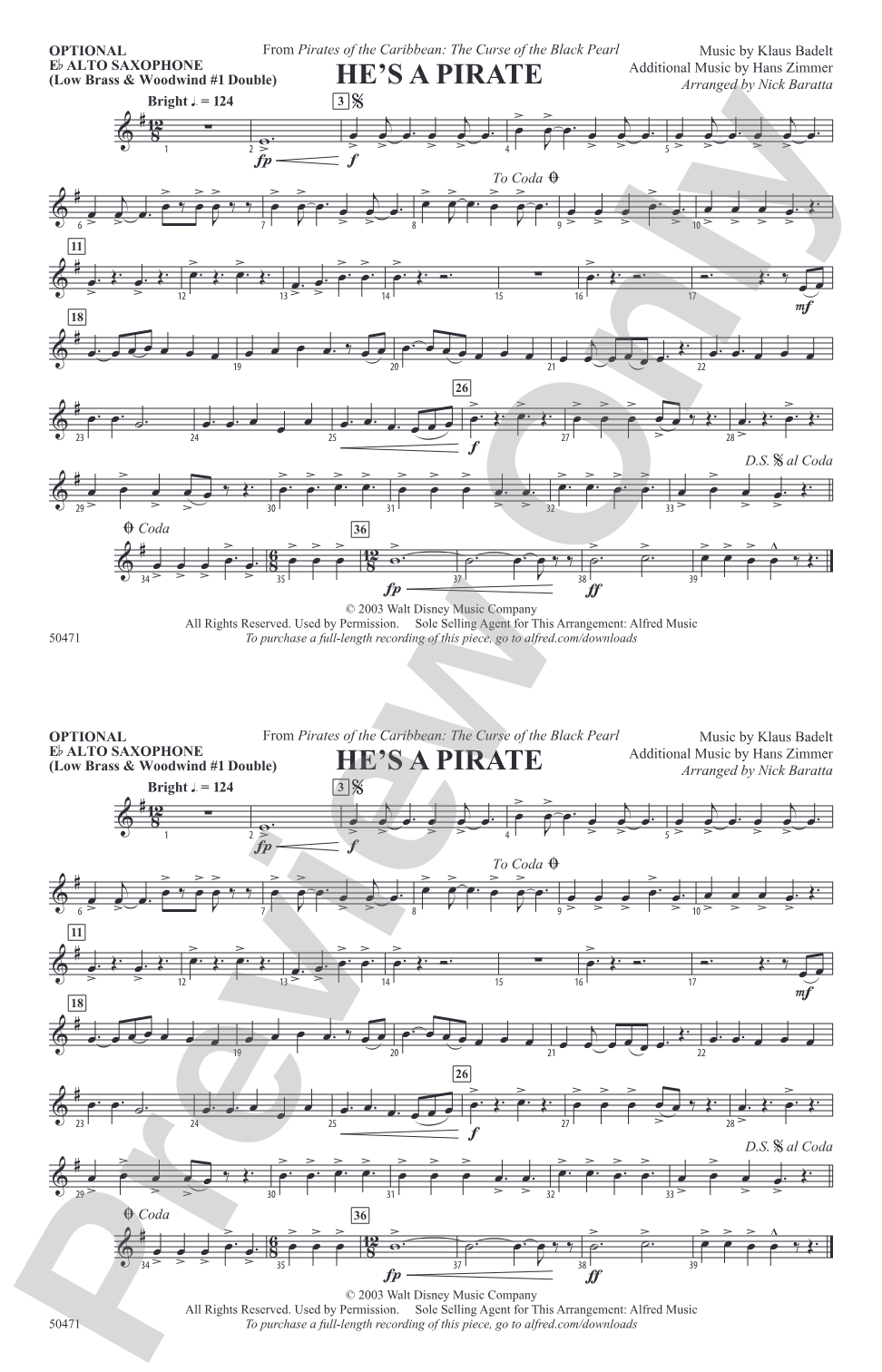 He's a Pirate: Optional Alto Sax