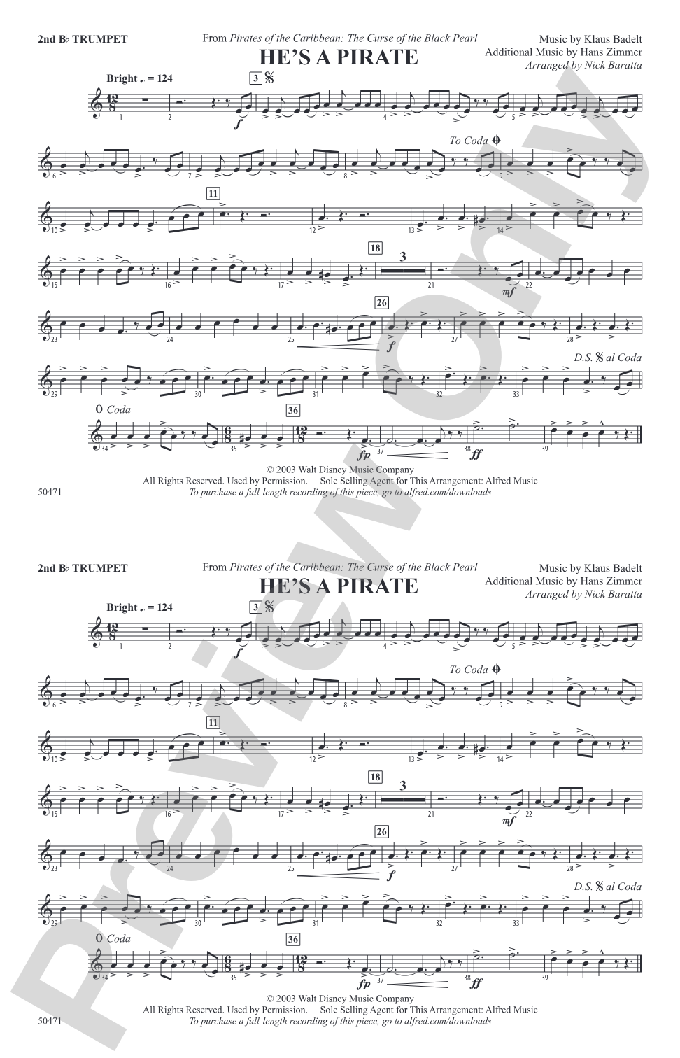 He's a Pirate: 2nd B-flat Trumpet