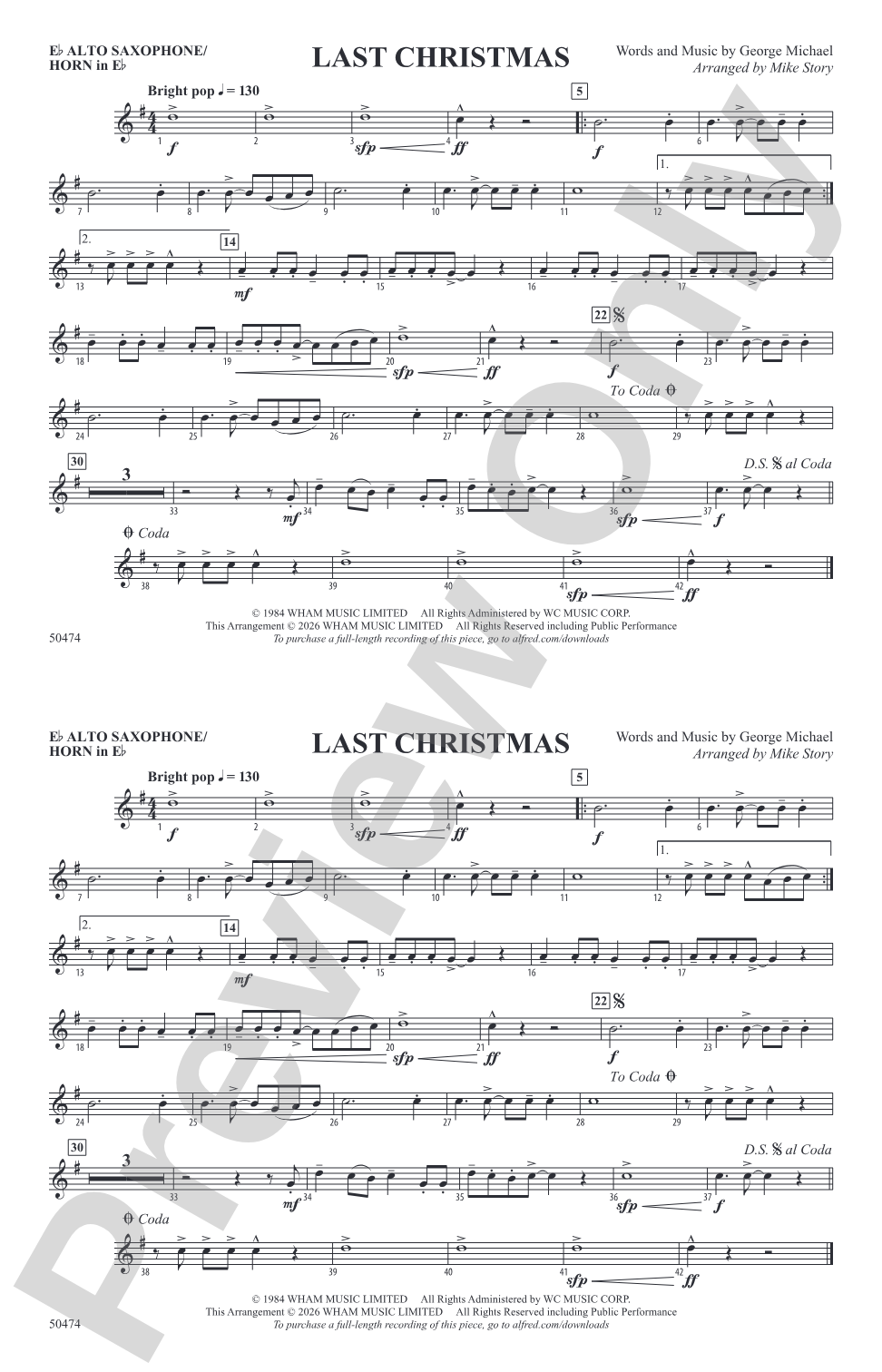 Last Christmas: E-flat Alto Saxophone