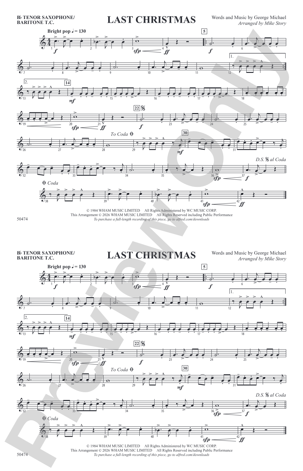 Last Christmas: Bb Tenor Saxophone/Bartione Treble Clef