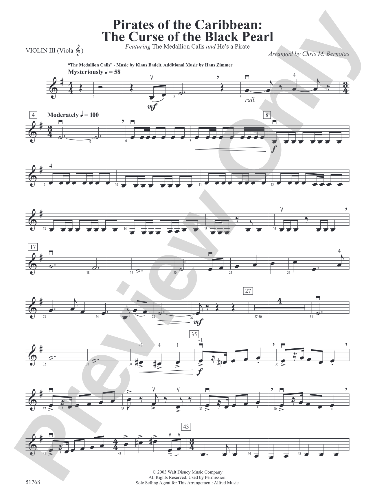 The Pirates of the Caribbean: The Curse of the Black Pearl: 3rd Violin (Viola [TC])