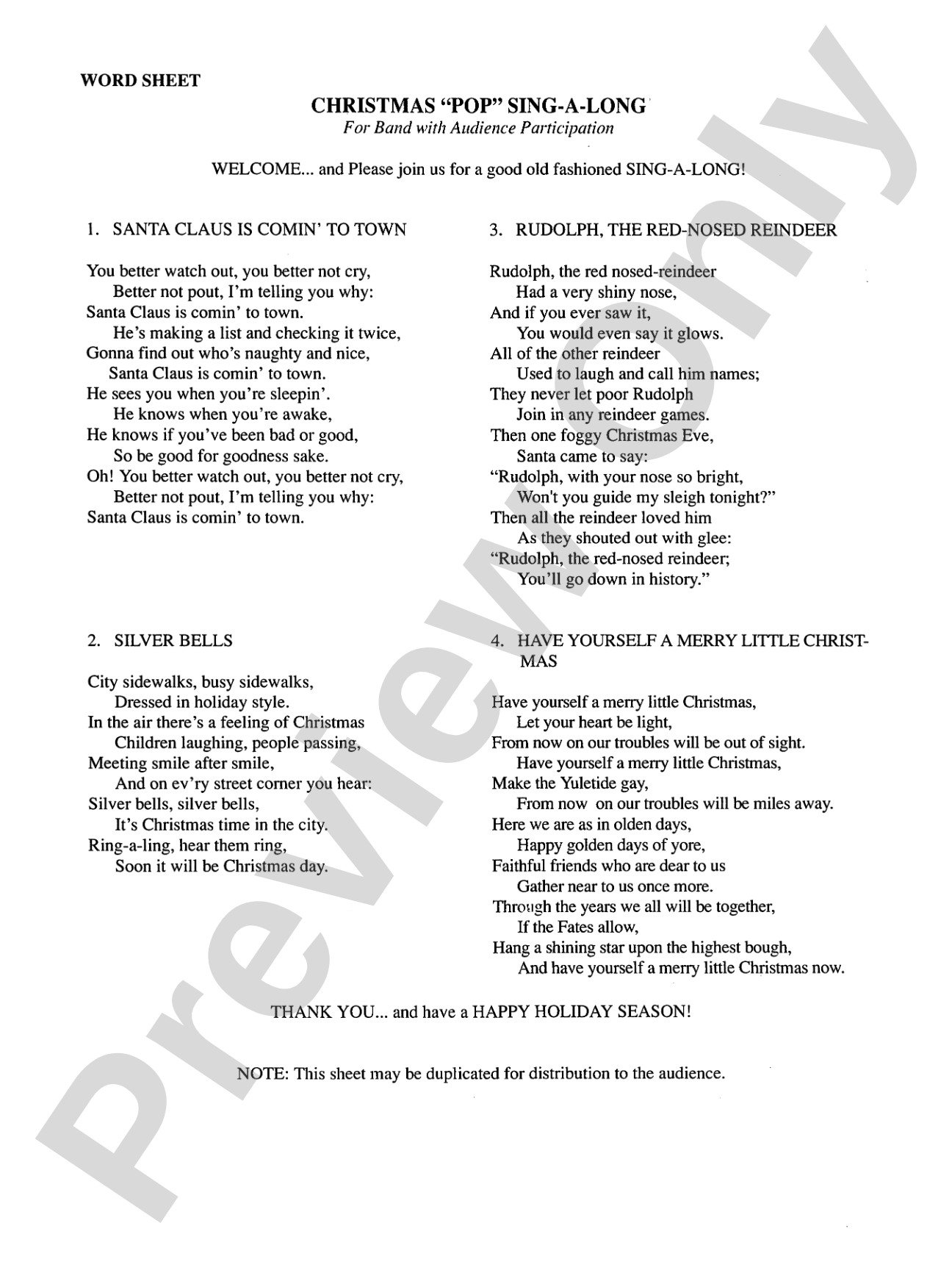 Christmas "Pop" Sing Along (for Concert Band with Audience Participation): Word Sheet