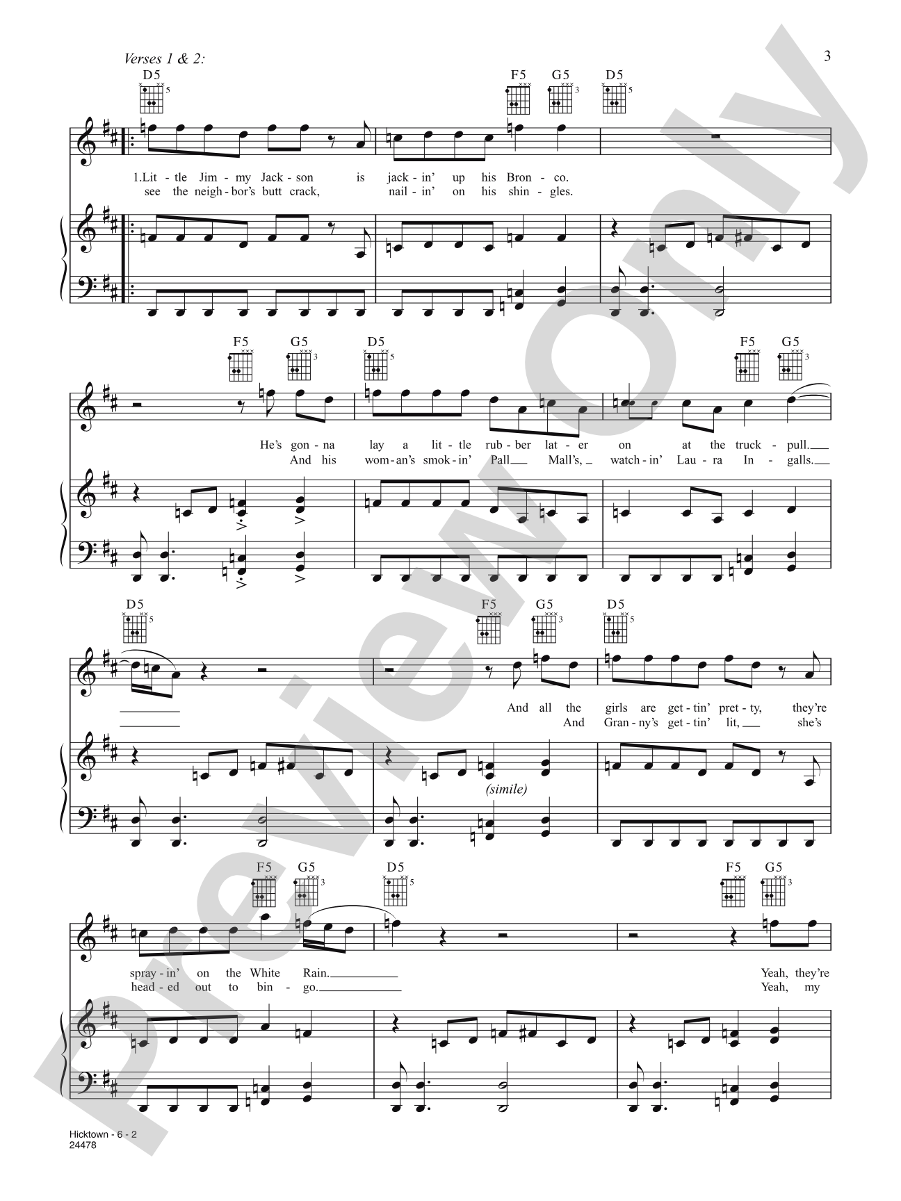 Hicktown: Piano/Vocal/Chords