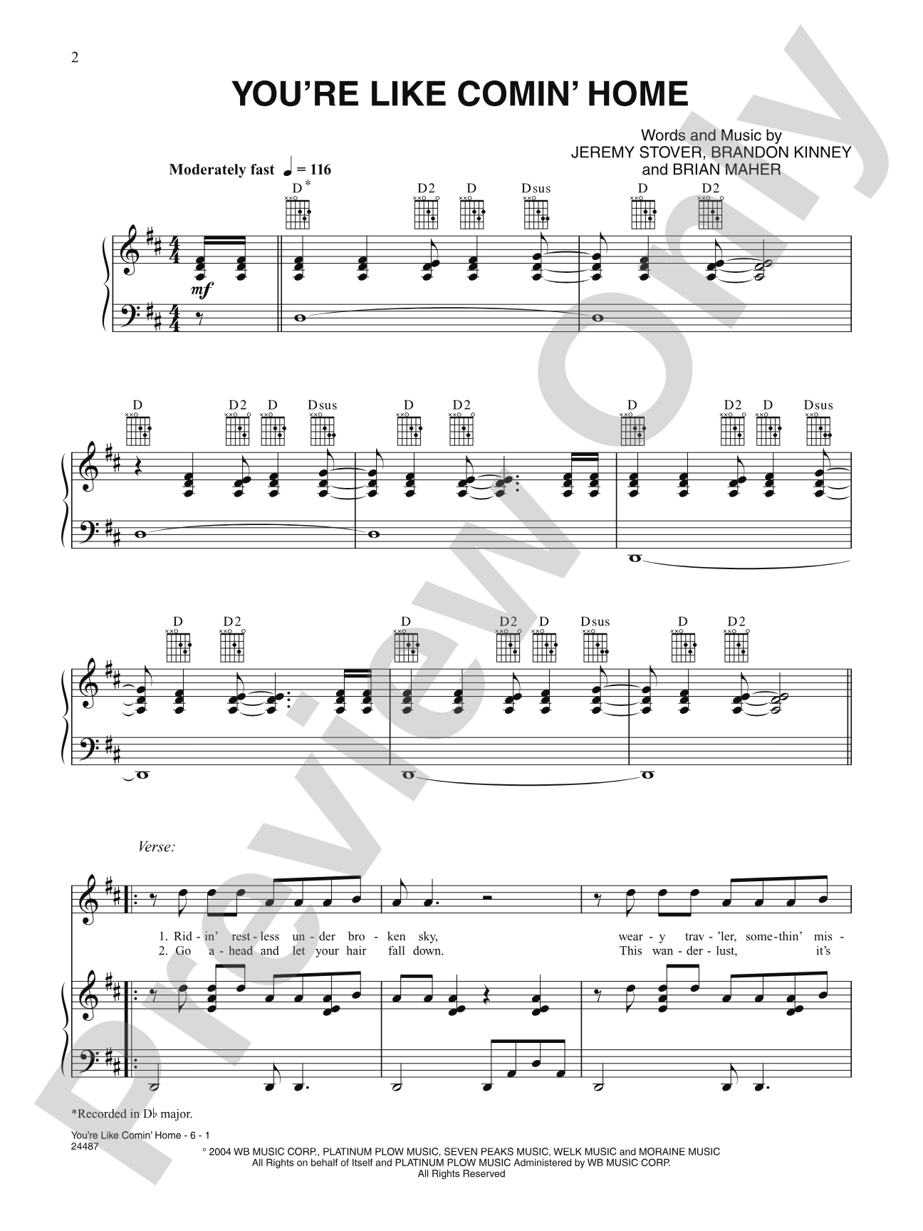 You're Like Comin' Home: Piano/Vocal/Chords