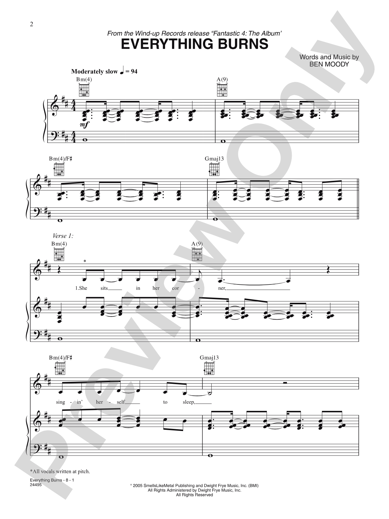 Everything Burns (from The Fantastic 4): Piano/Vocal/Chords