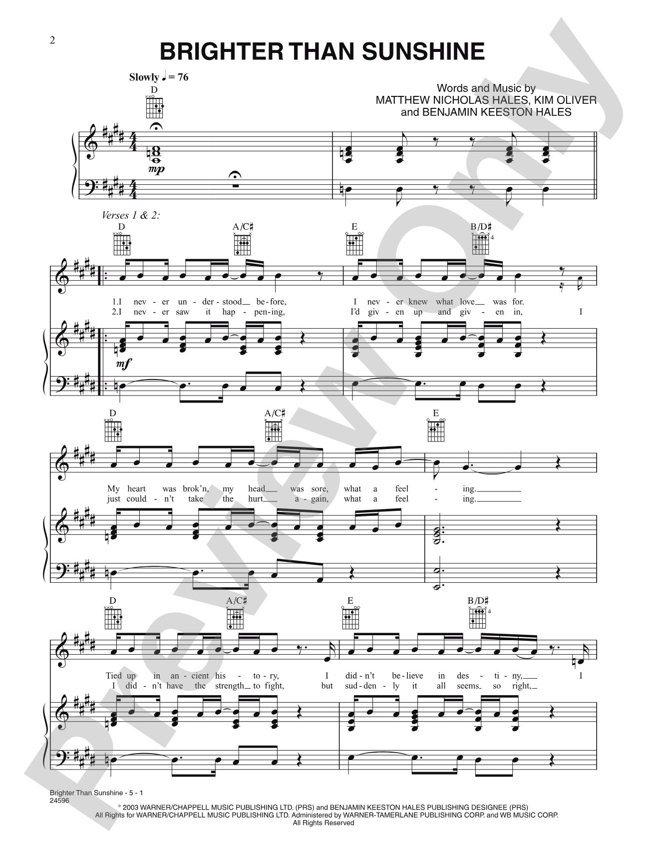 Brighter Than Sunshine: Piano/Vocal/Chords