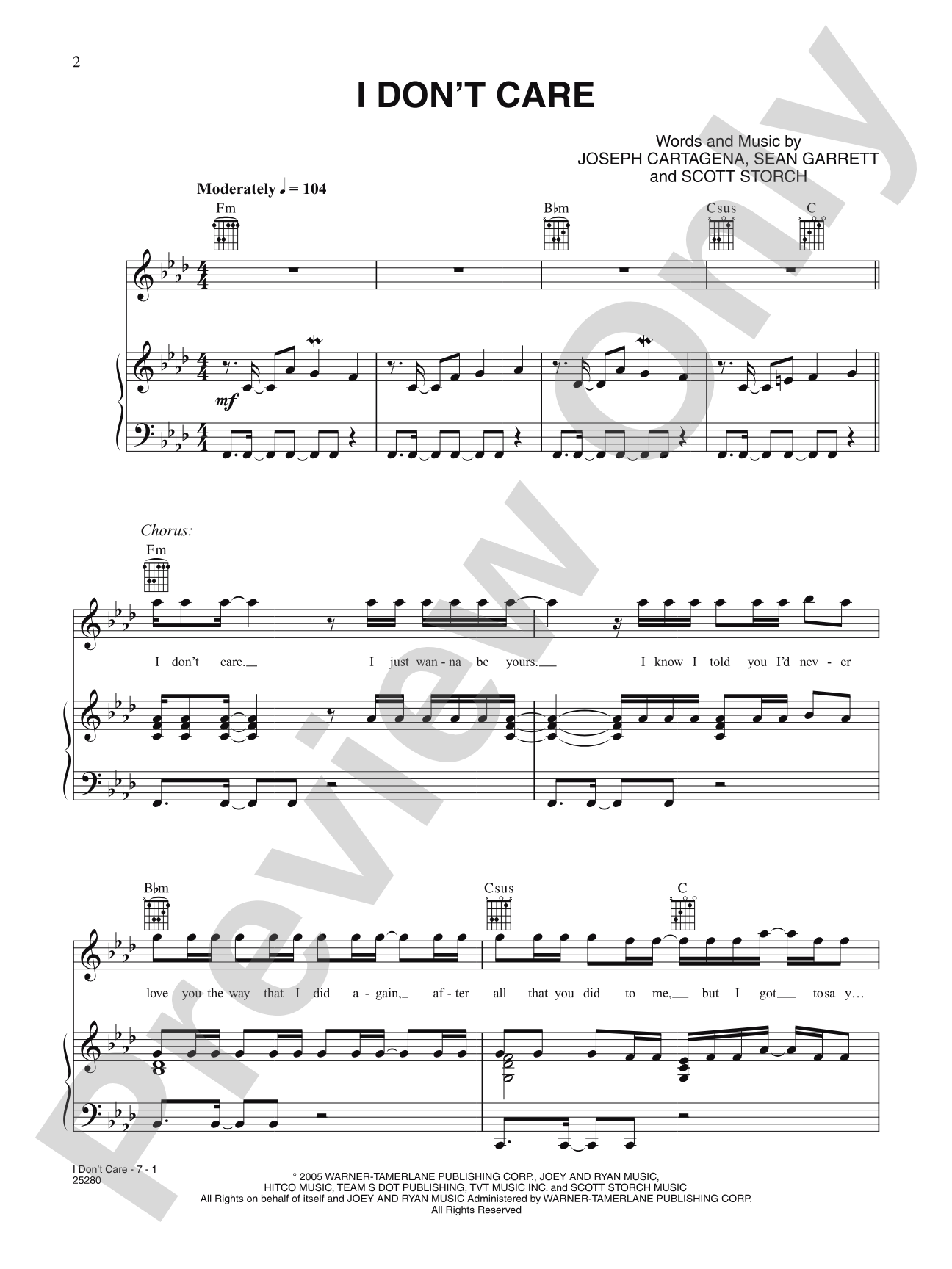 I Don't Care: Piano/Vocal/Chords