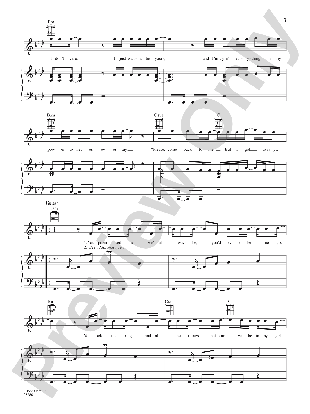 I Don't Care: Piano/Vocal/Chords