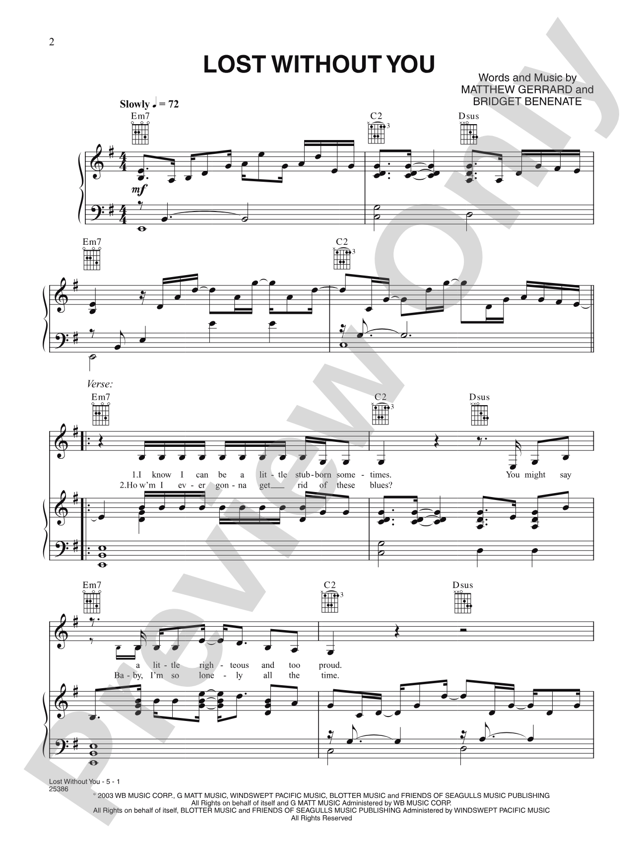 Lost Without You: Piano/Vocal/Chords