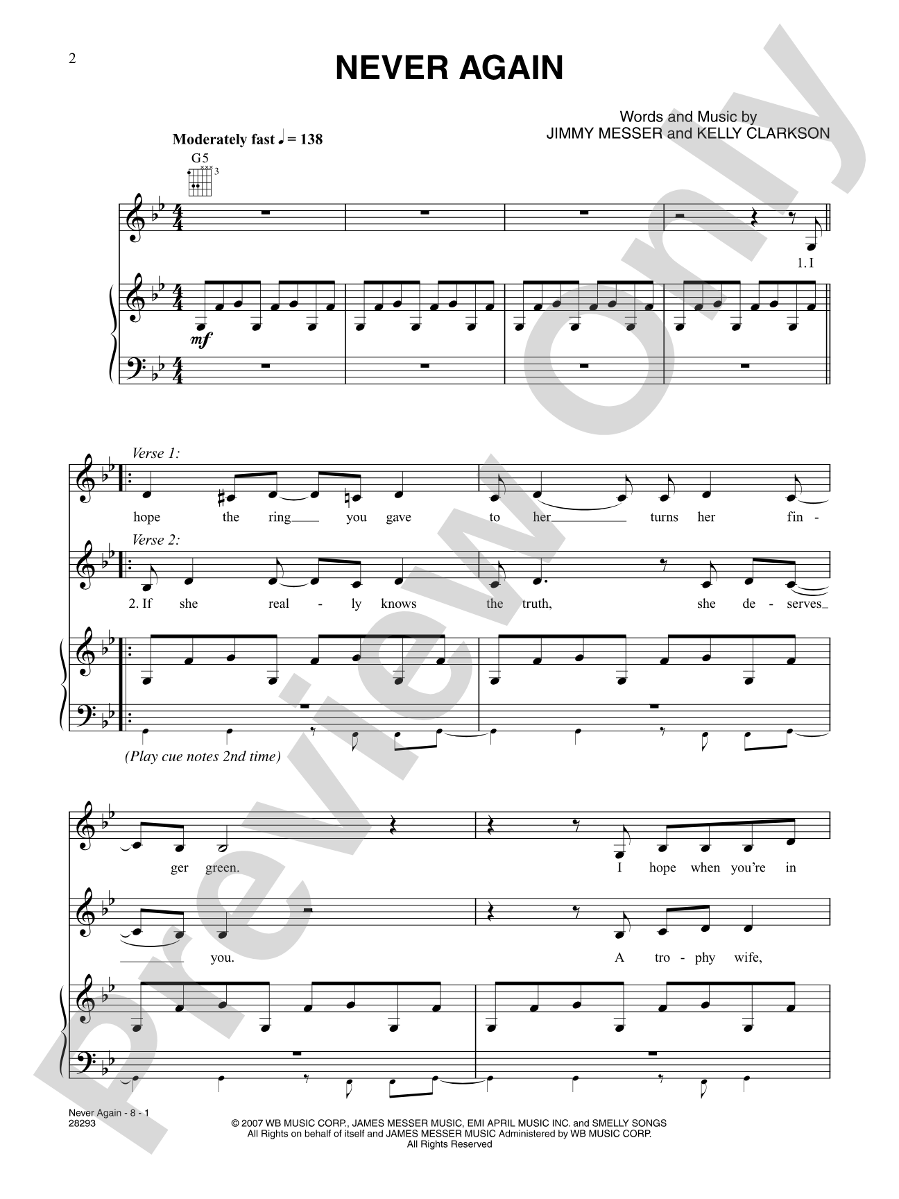 Never Again: Piano/Vocal/Chords