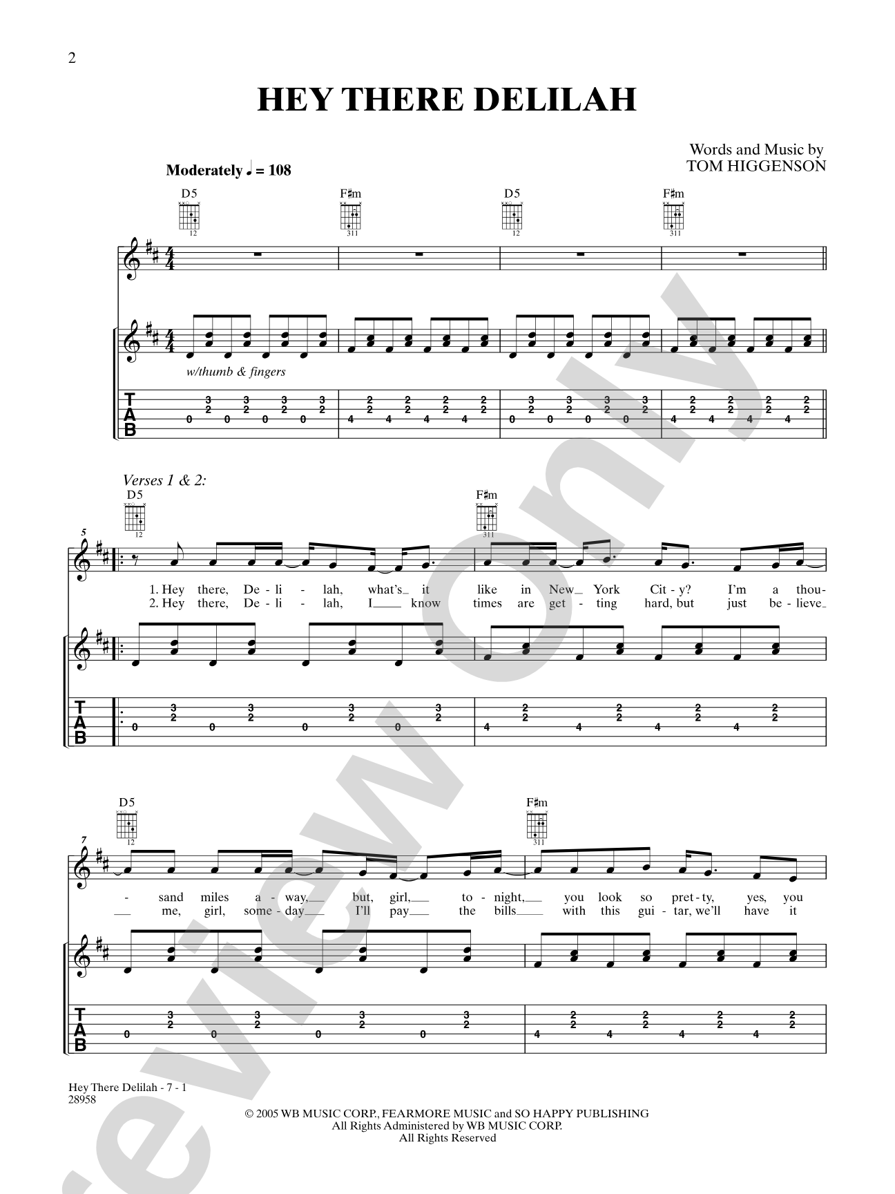 Hey There Delilah: Piano/Vocal/Chords