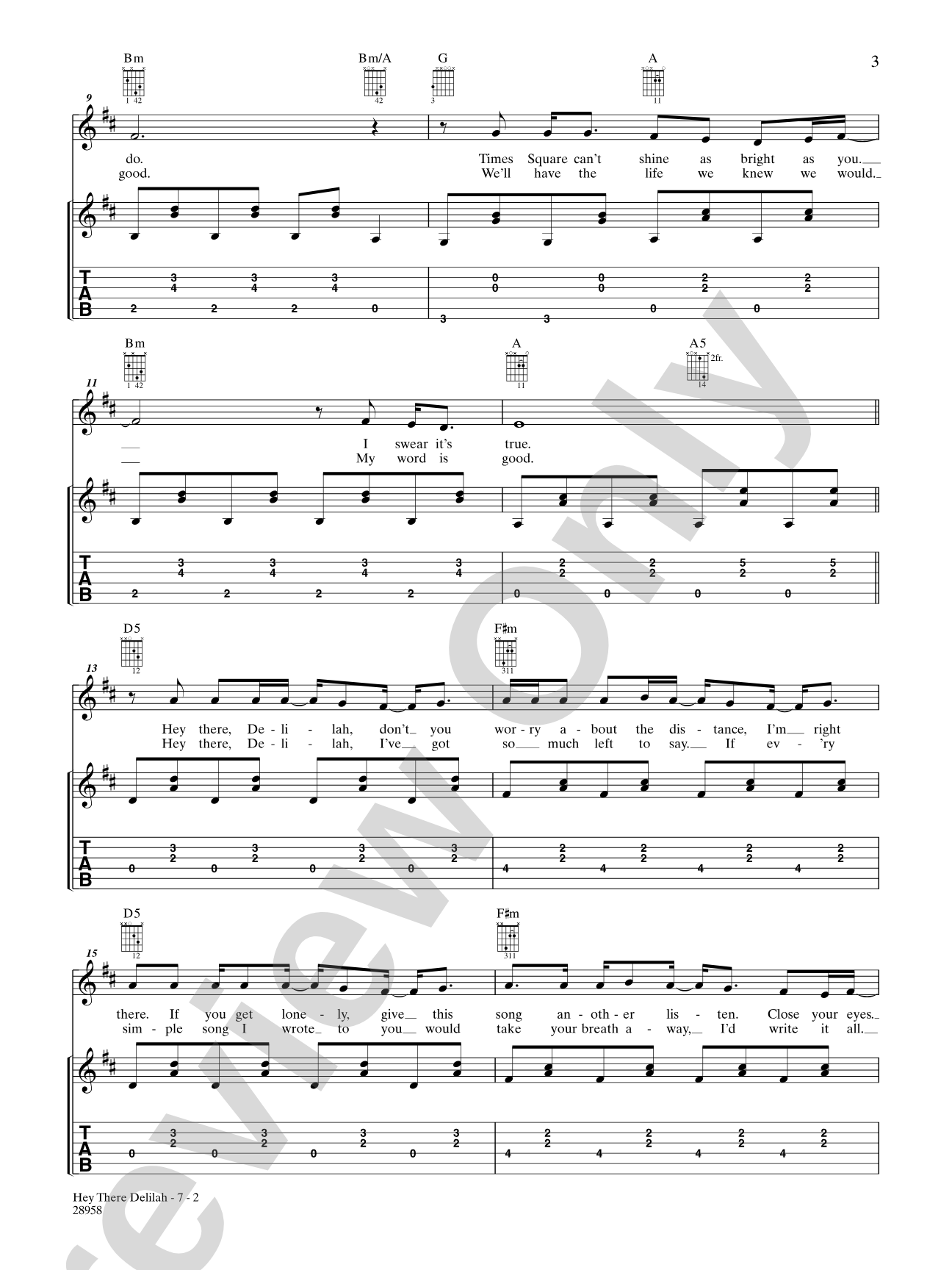 Hey There Delilah: Piano/Vocal/Chords