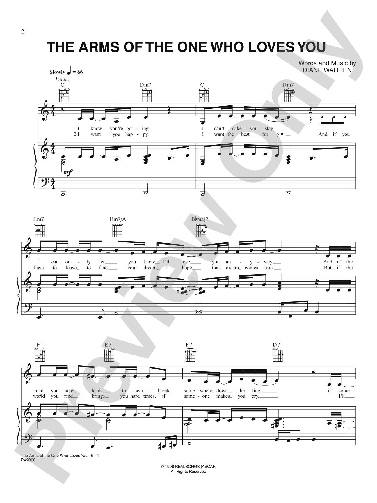 The Arms of the One Who Loves You: Piano/Vocal/Chords