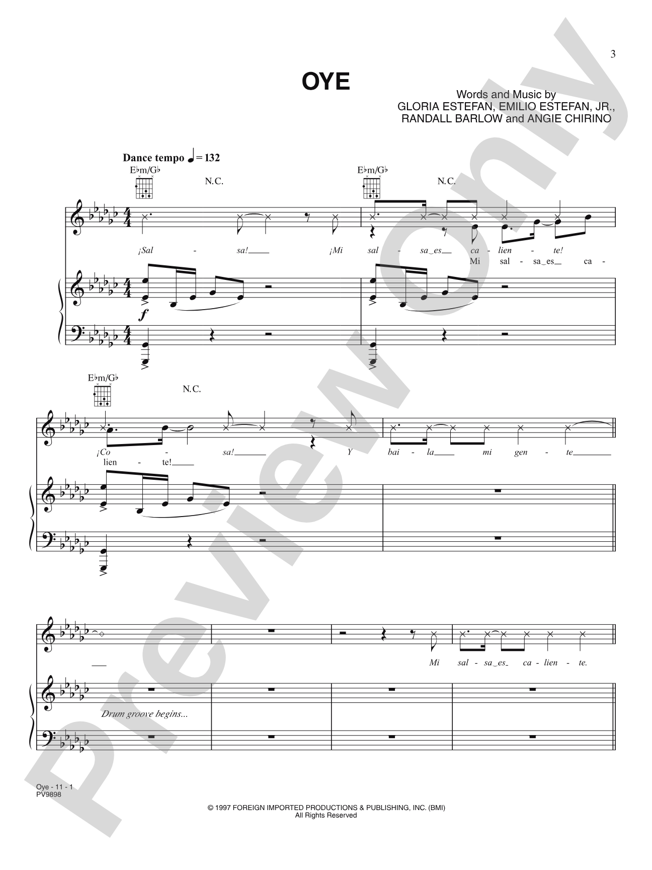 Oye: Piano/Vocal/Chords