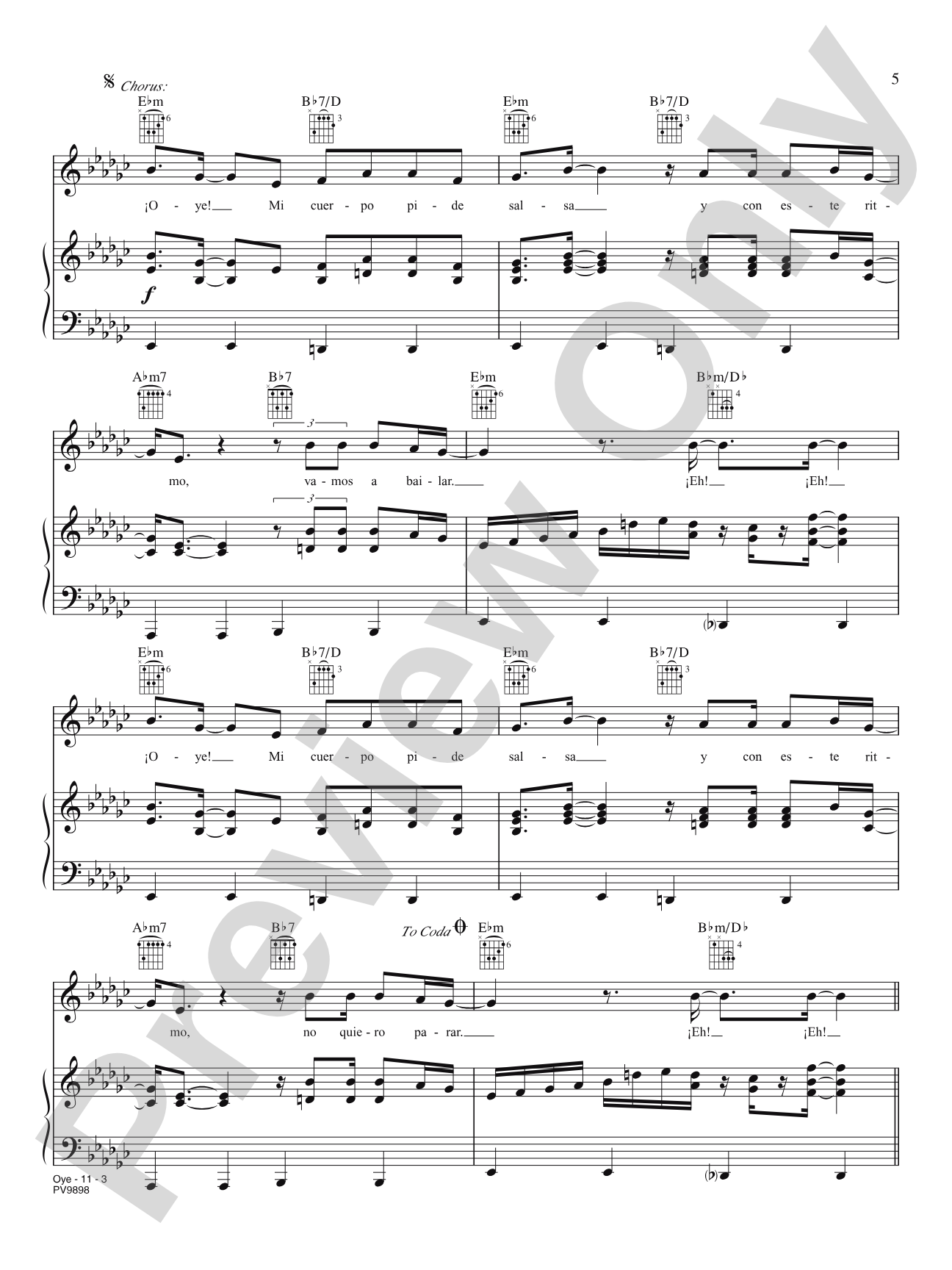 Oye: Piano/Vocal/Chords