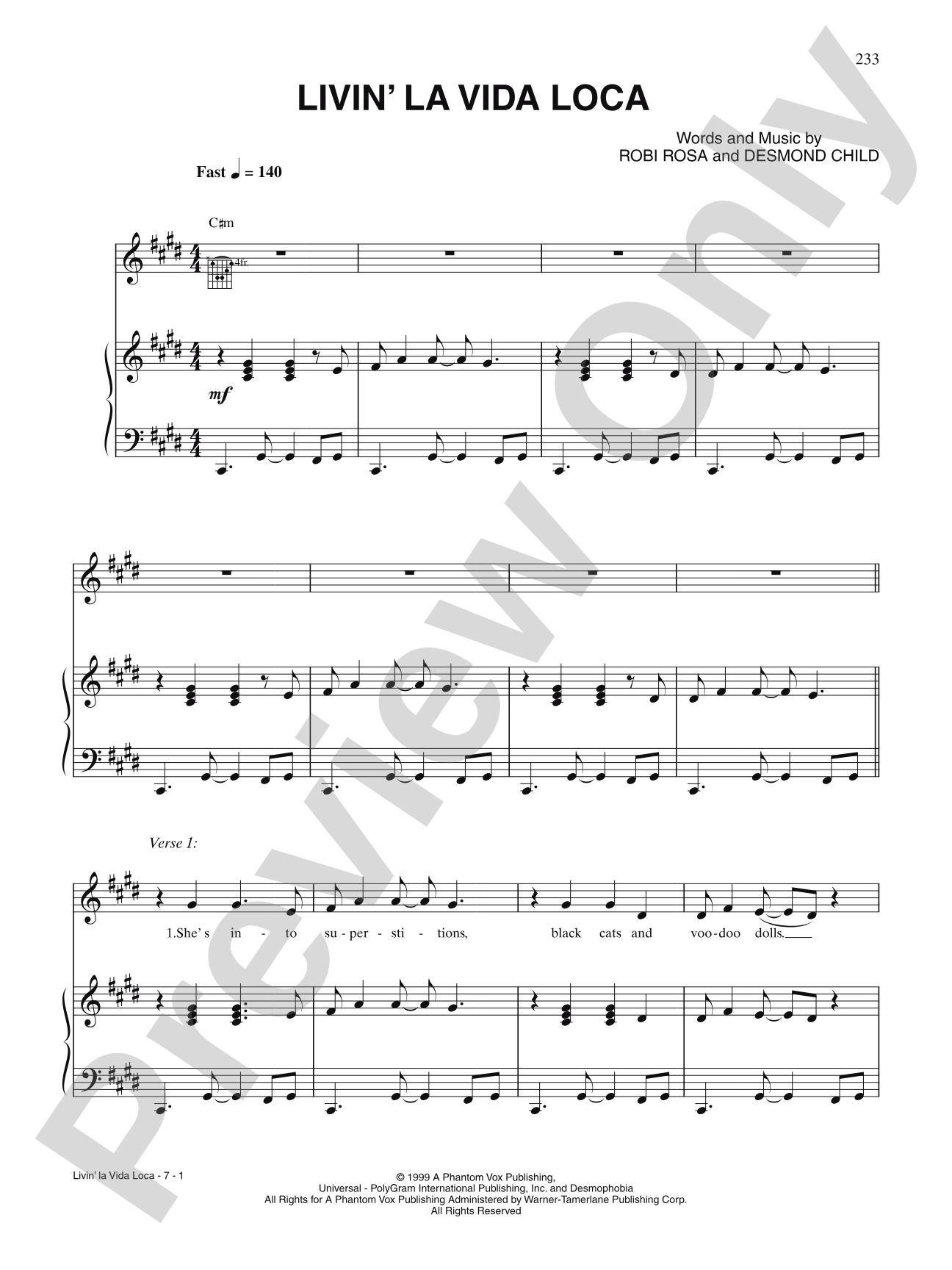 Livin' la Vida Loca: Piano/Vocal/Chords
