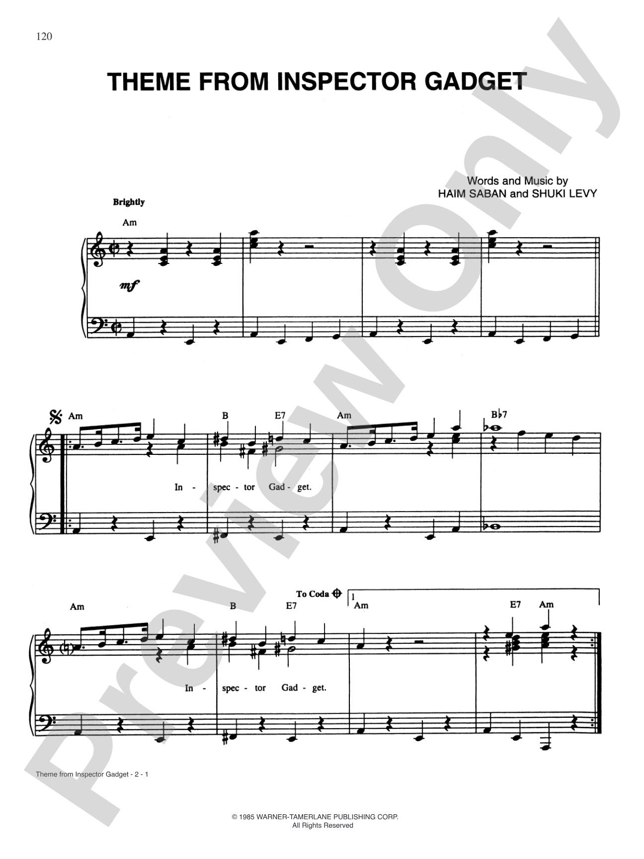 Inspector Gadget Theme: Piano/Vocal/Chords