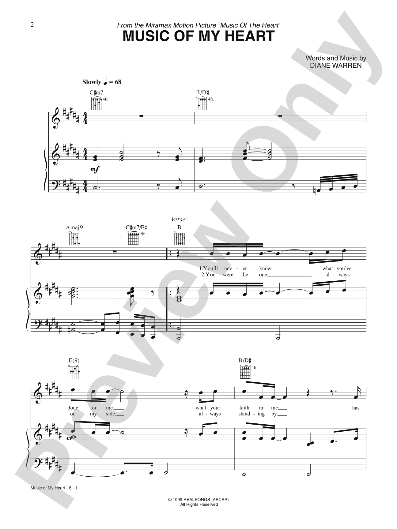 Music of My Heart (from Music of My Heart): Piano/Vocal/Chords