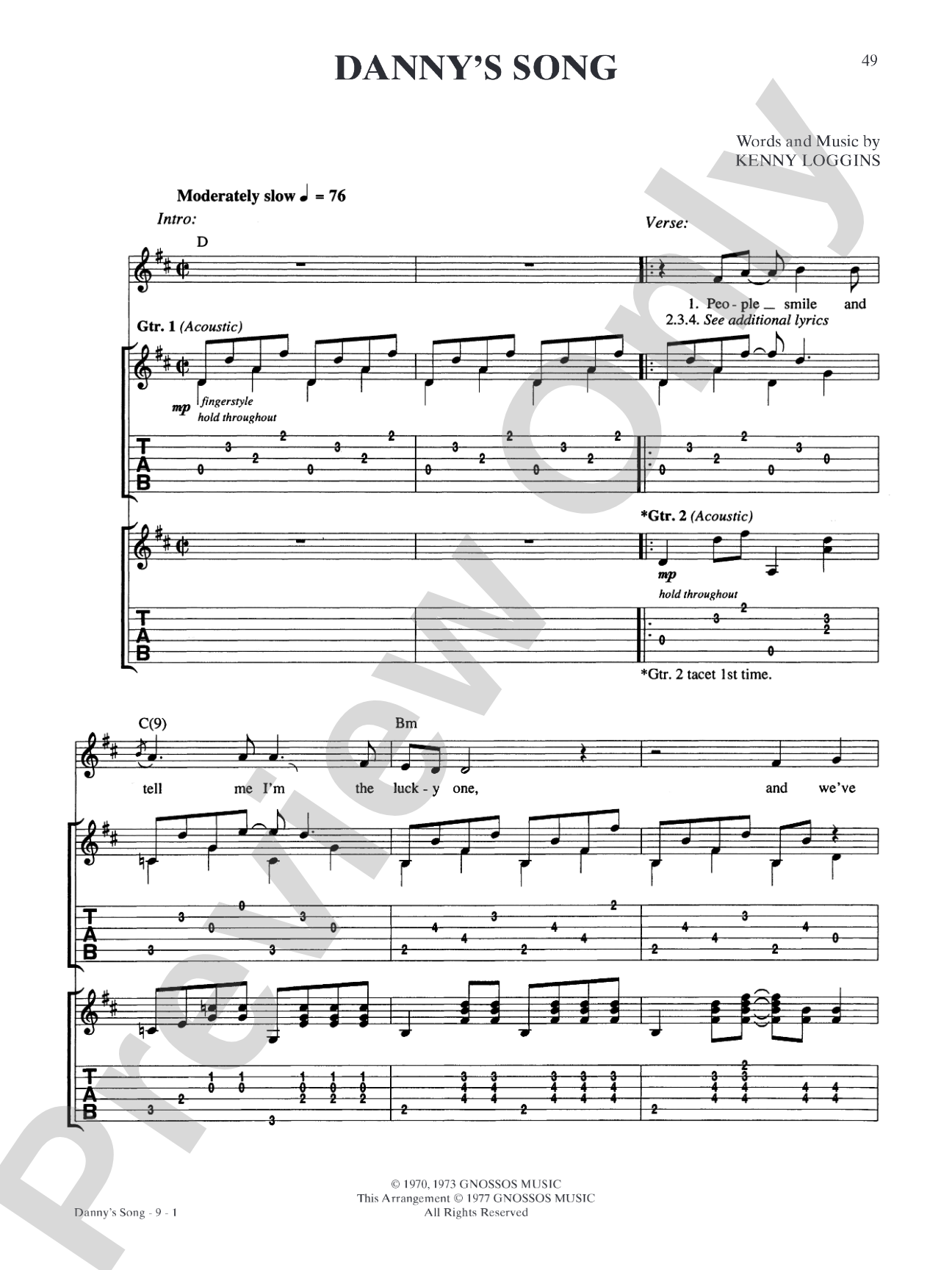 Danny's Song: Piano/Vocal/Chords