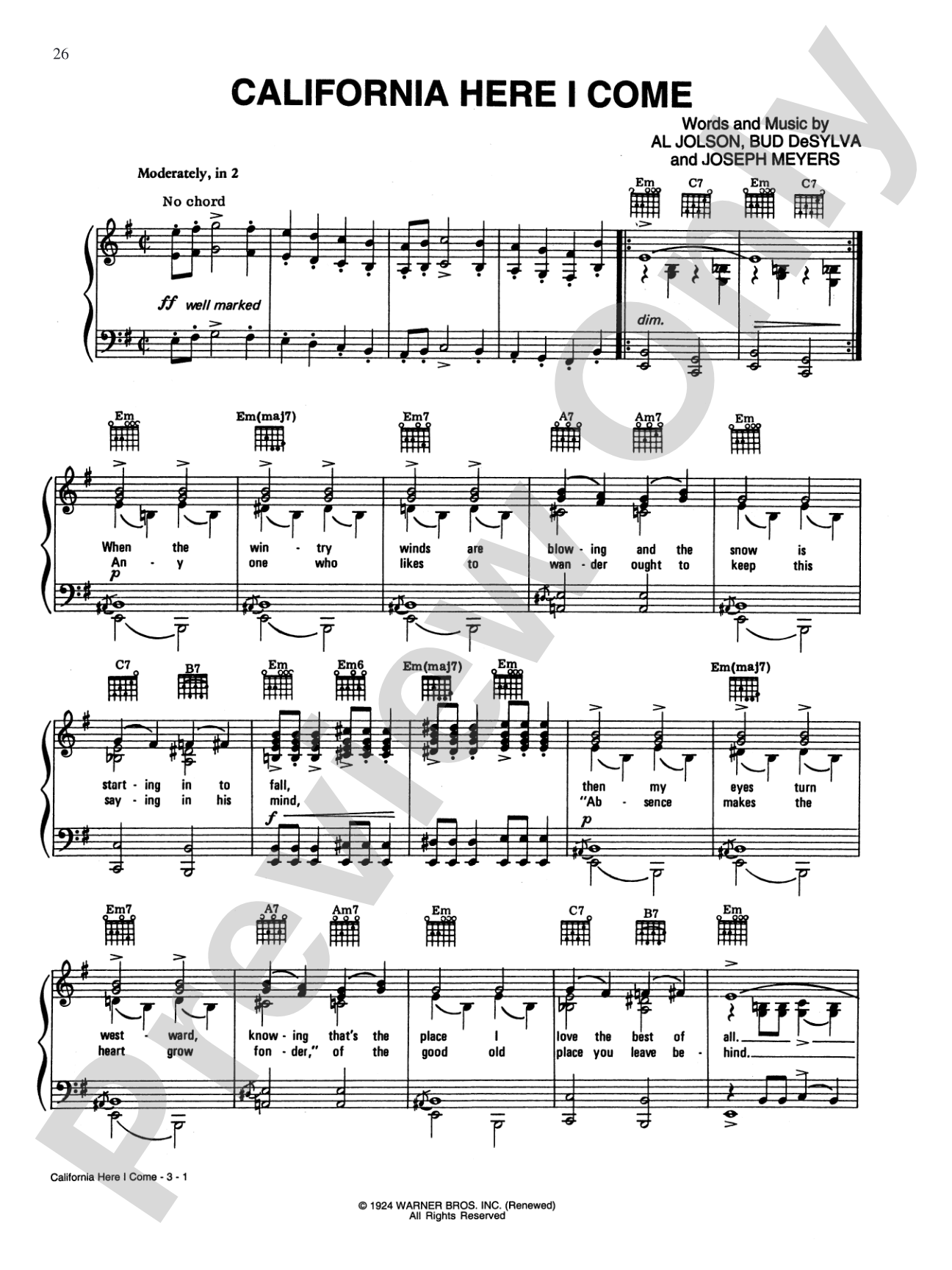 California Here I Come: Piano/Vocal/Chords