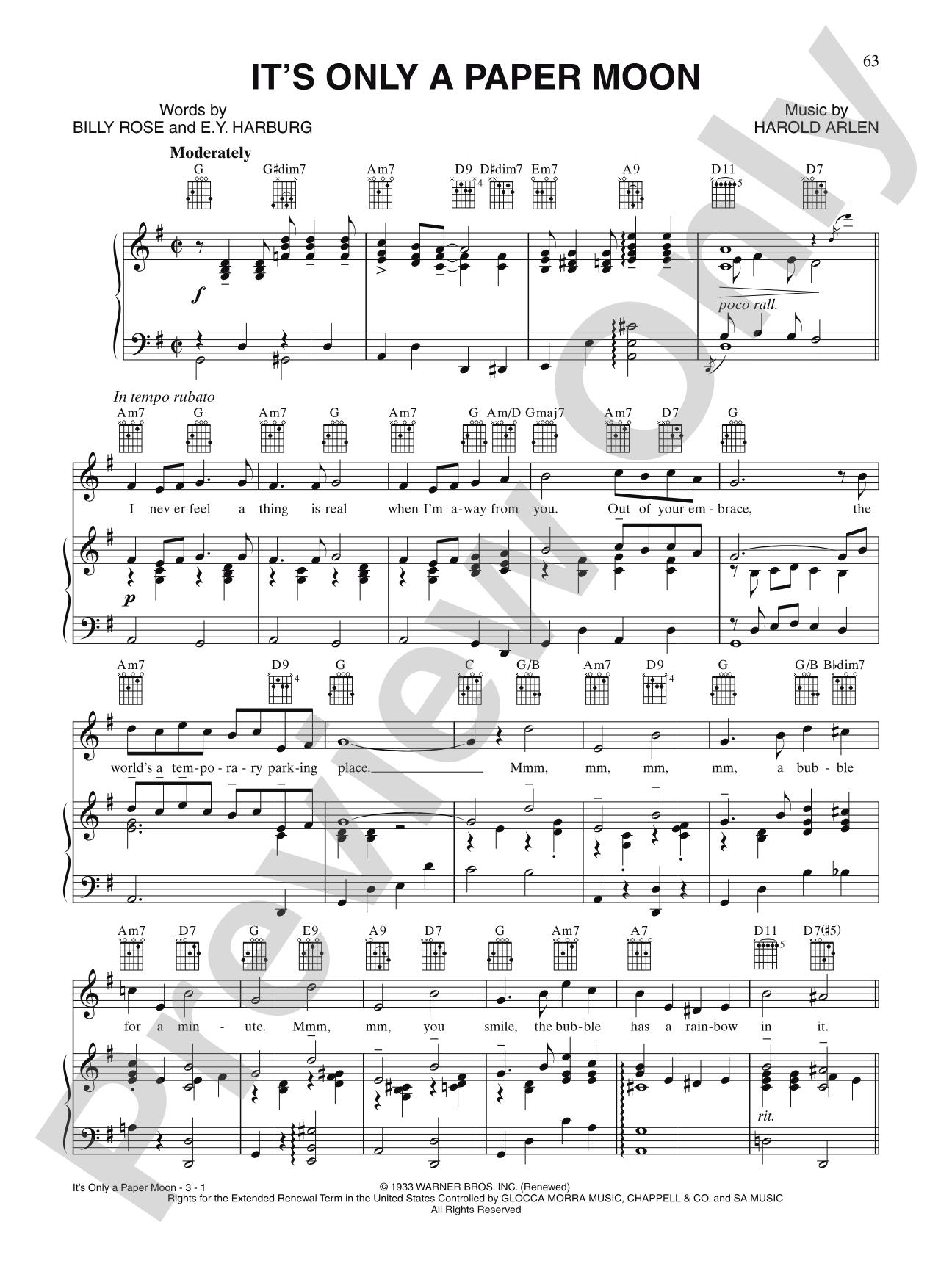 It's Only a Paper Moon: Piano/Vocal/Chords