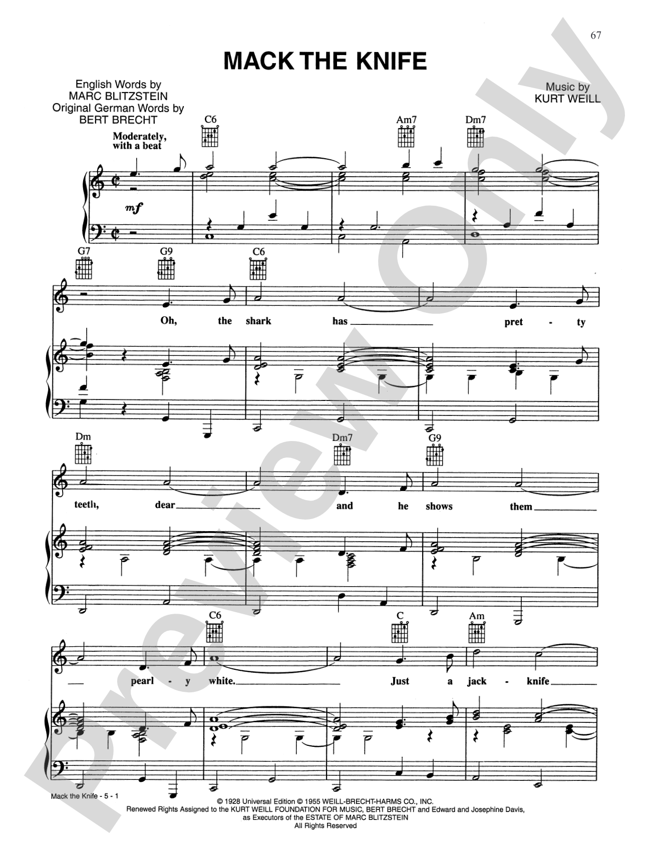 Mack the Knife (from The Threepenny Opera): Piano/Vocal/Chords