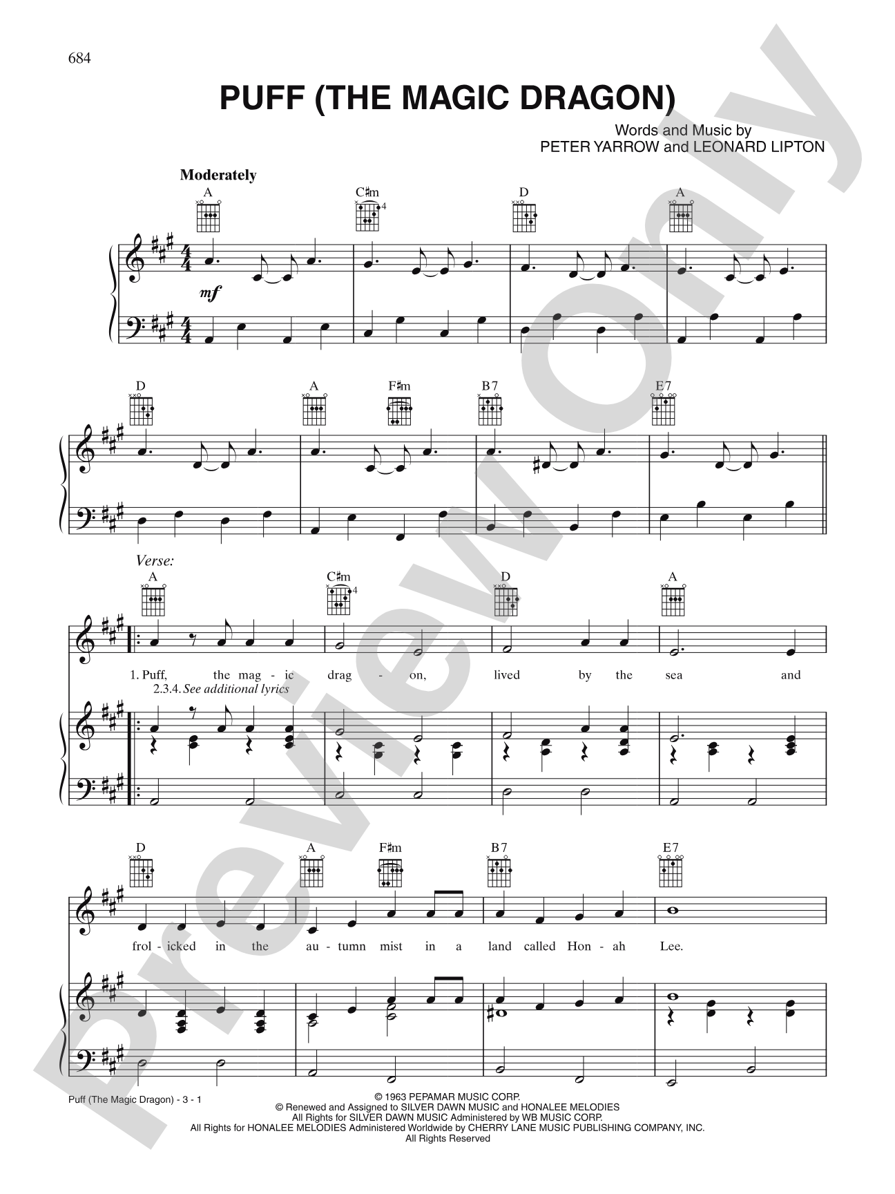 Puff (The Magic Dragon): Piano/Vocal/Chords