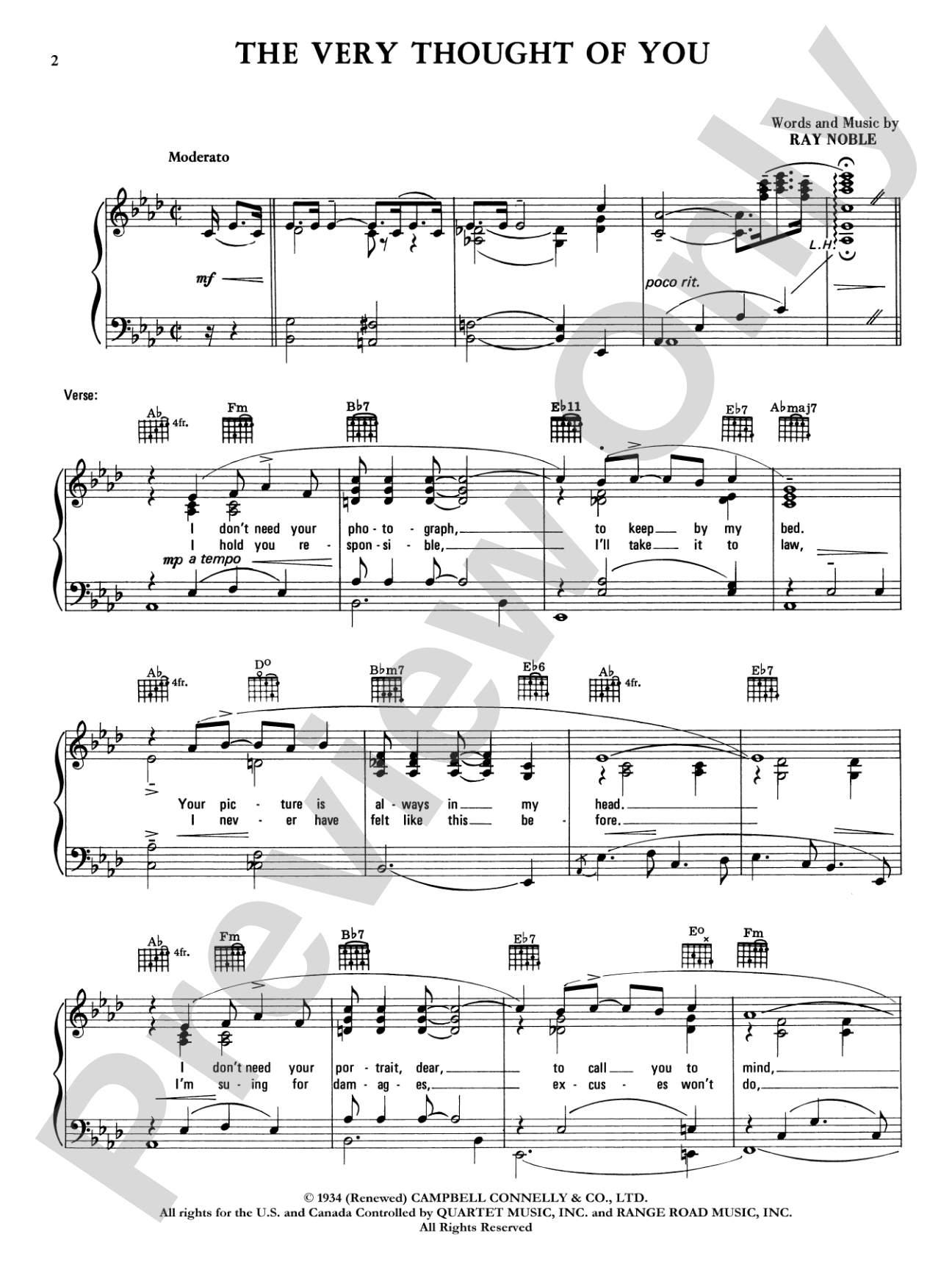 The Very Thought of You: Piano/Vocal/Chords
