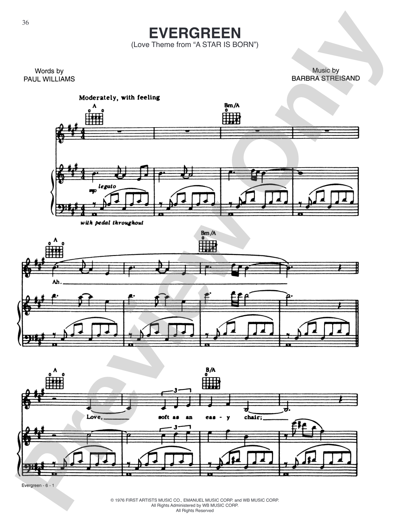 Evergreen (Love Theme from A Star Is Born): Piano/Vocal/Chords