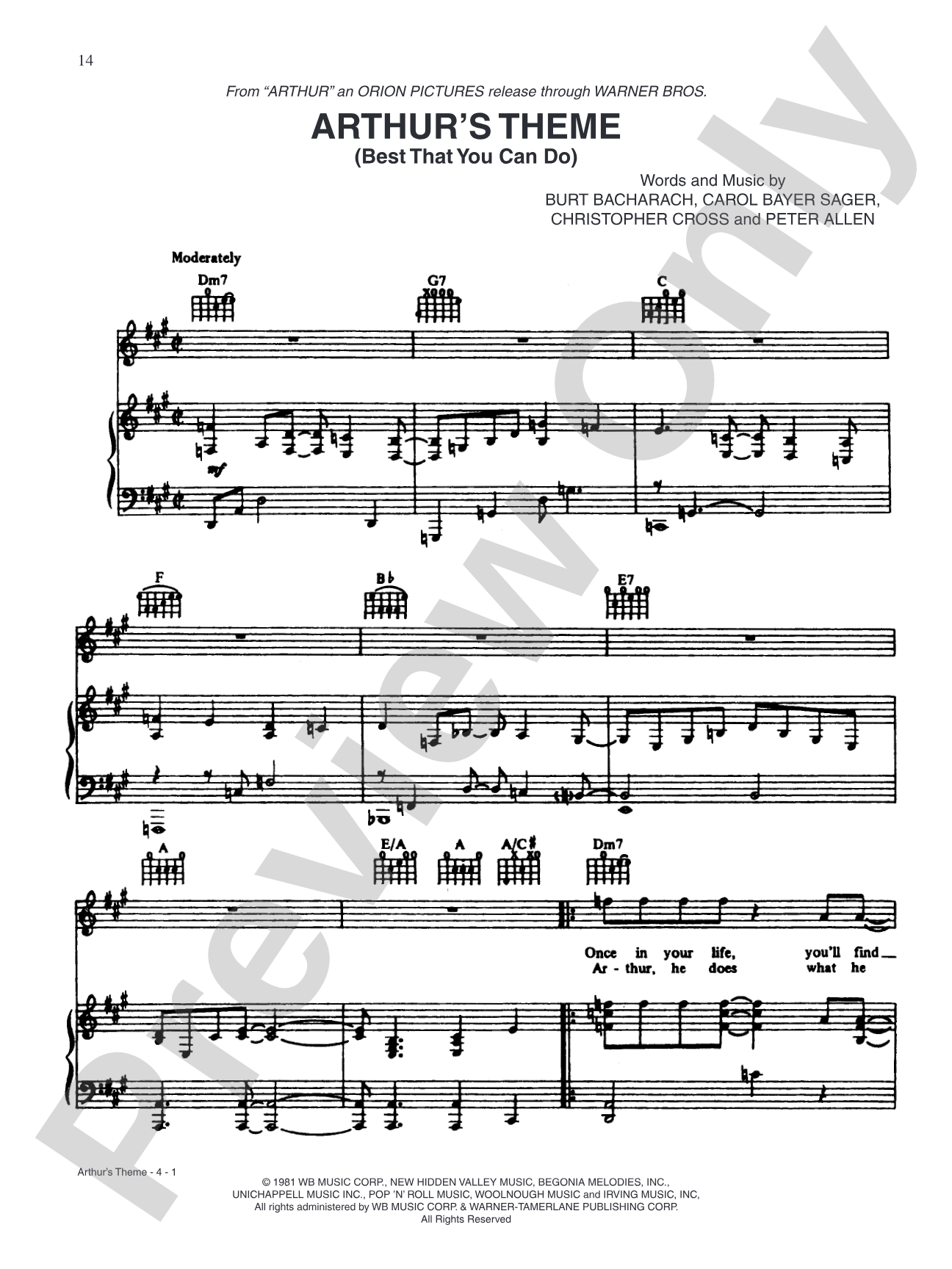 Arthur's Theme (Best That You Can Do): Piano/Vocal/Chords