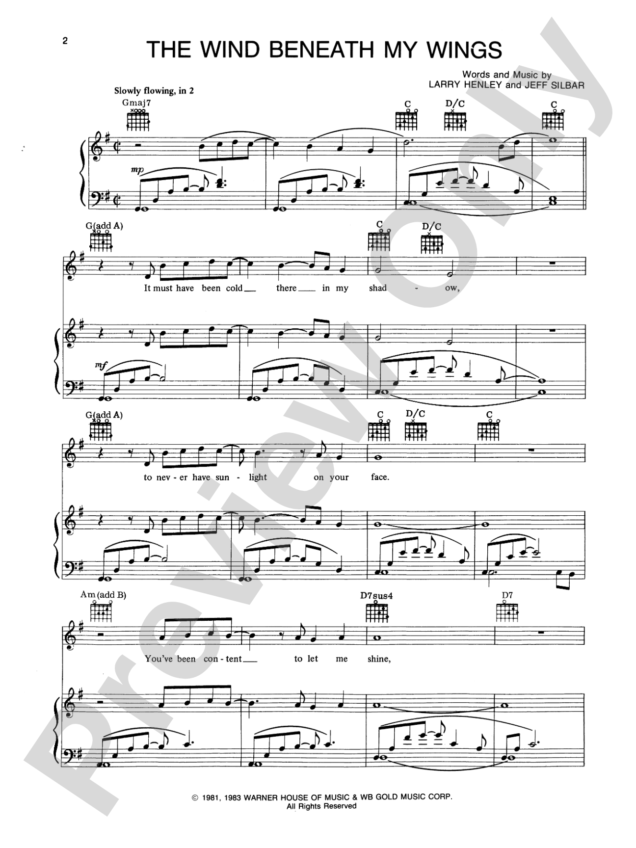 The Wind Beneath My Wings: Piano/Vocal/Chords