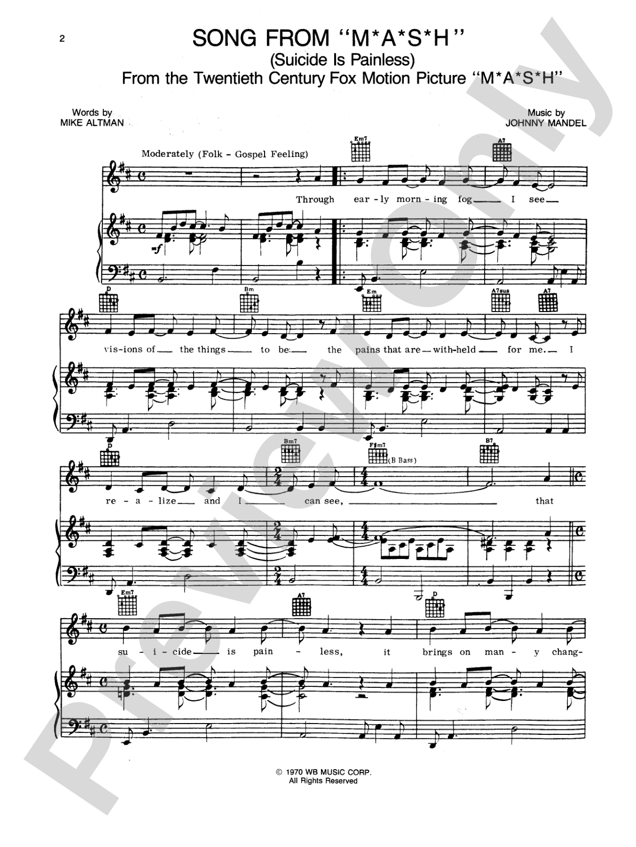 Suicide is Painless (Theme from M*A*S*H): Piano/Vocal/Chords