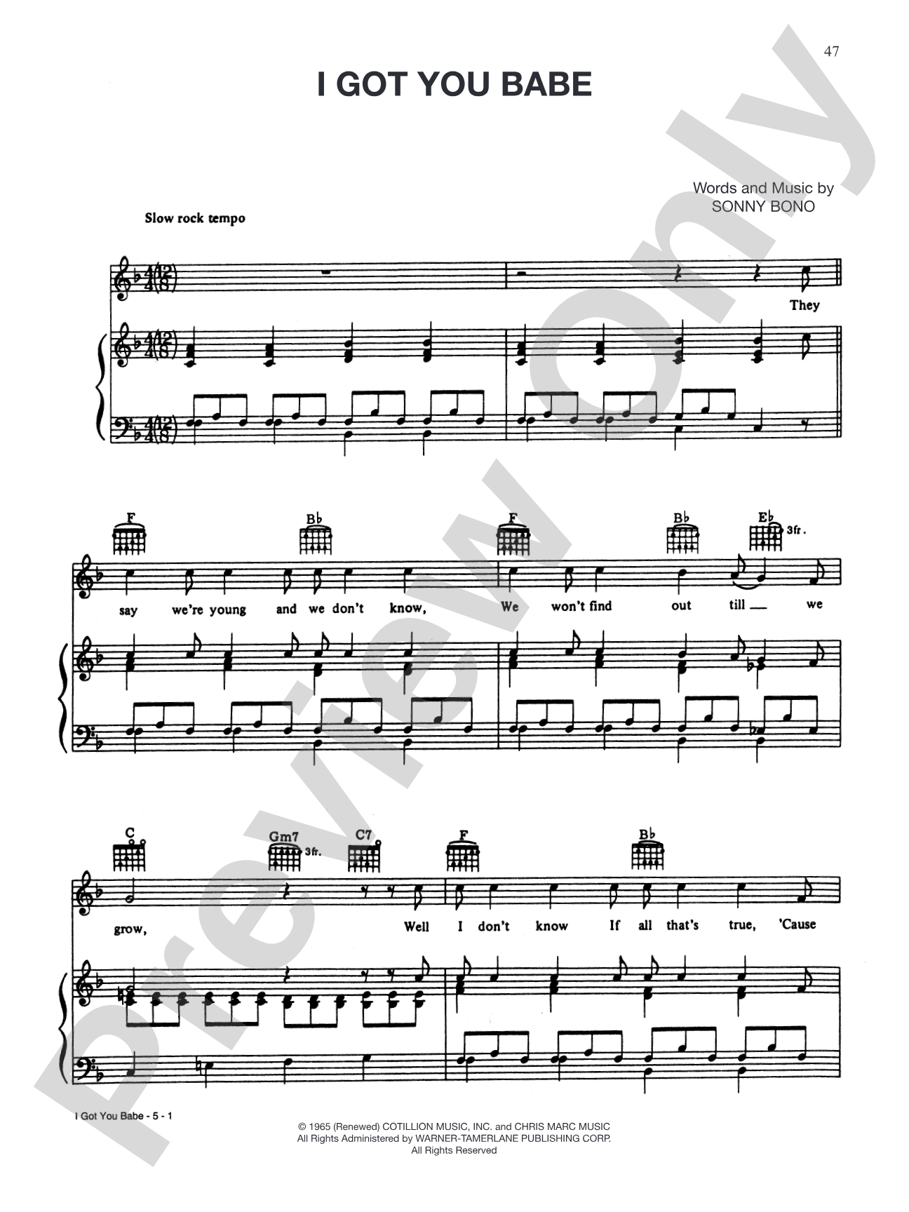 I Got You Babe: Piano/Vocal/Chords