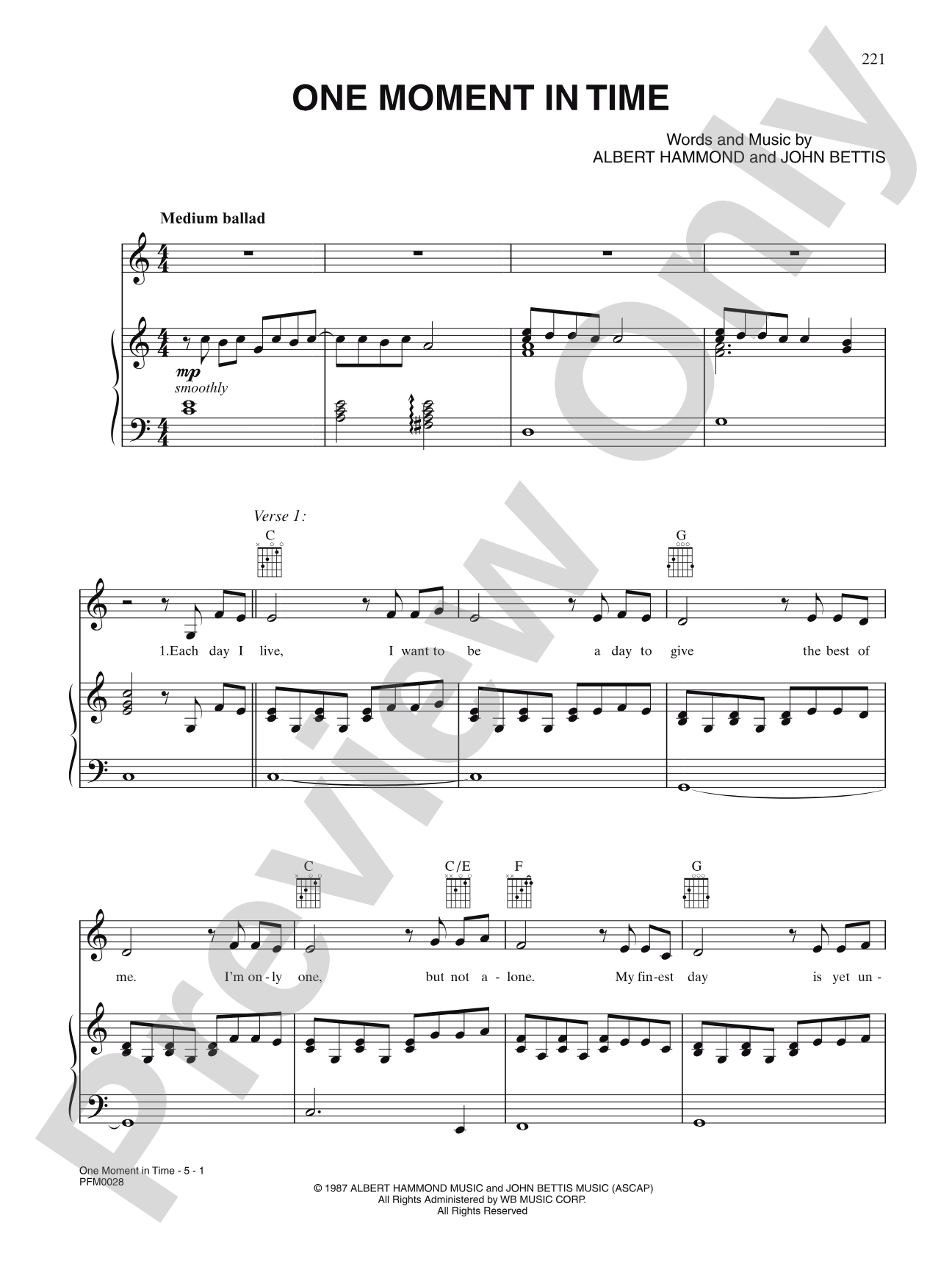 One Moment in Time: Piano/Vocal/Chords