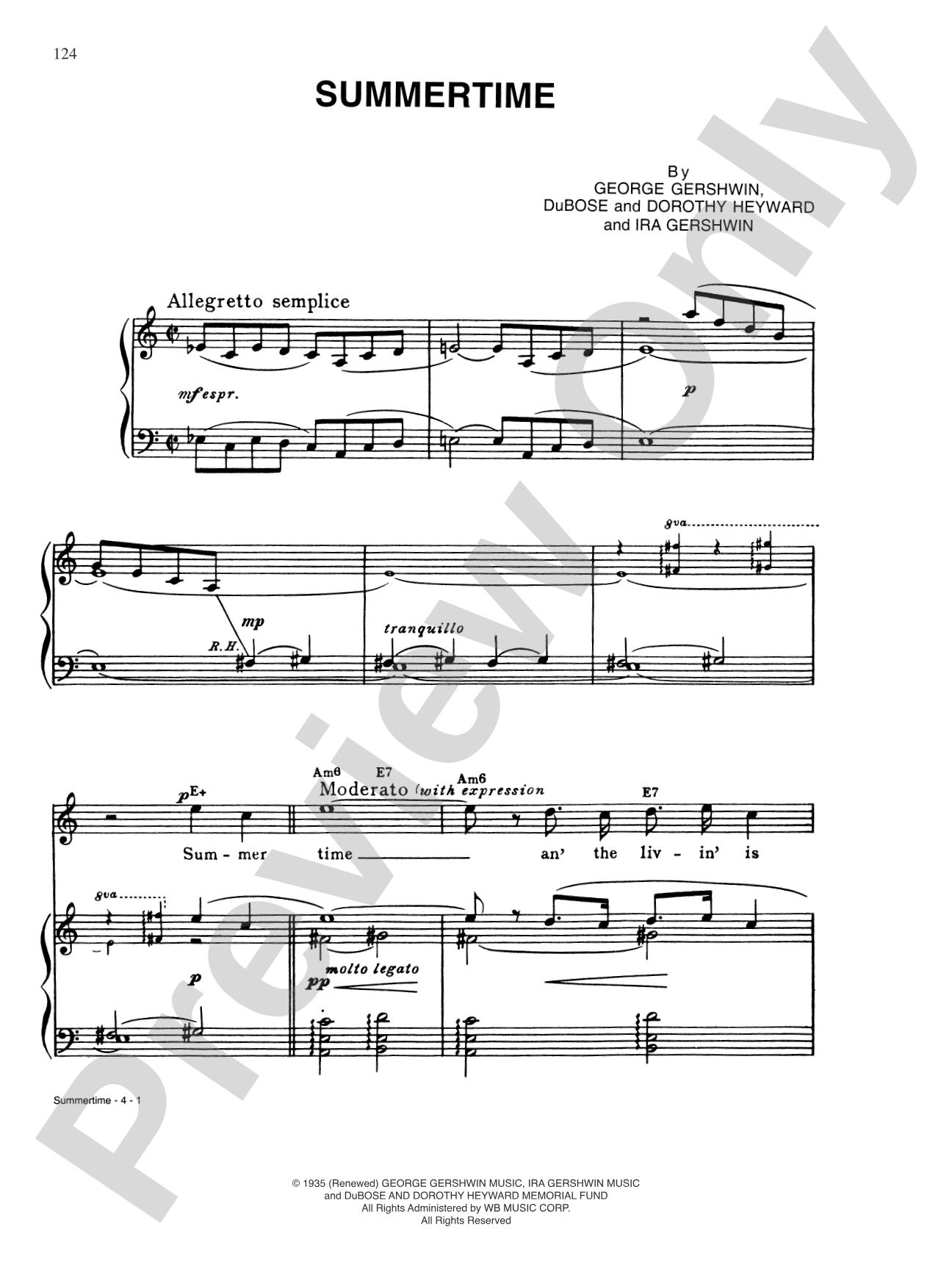 Summertime (from Porgy and Bess): Piano/Vocal/Chords