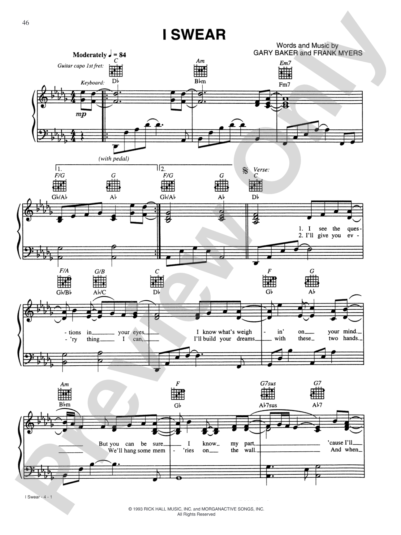 I Swear: Piano/Vocal/Chords
