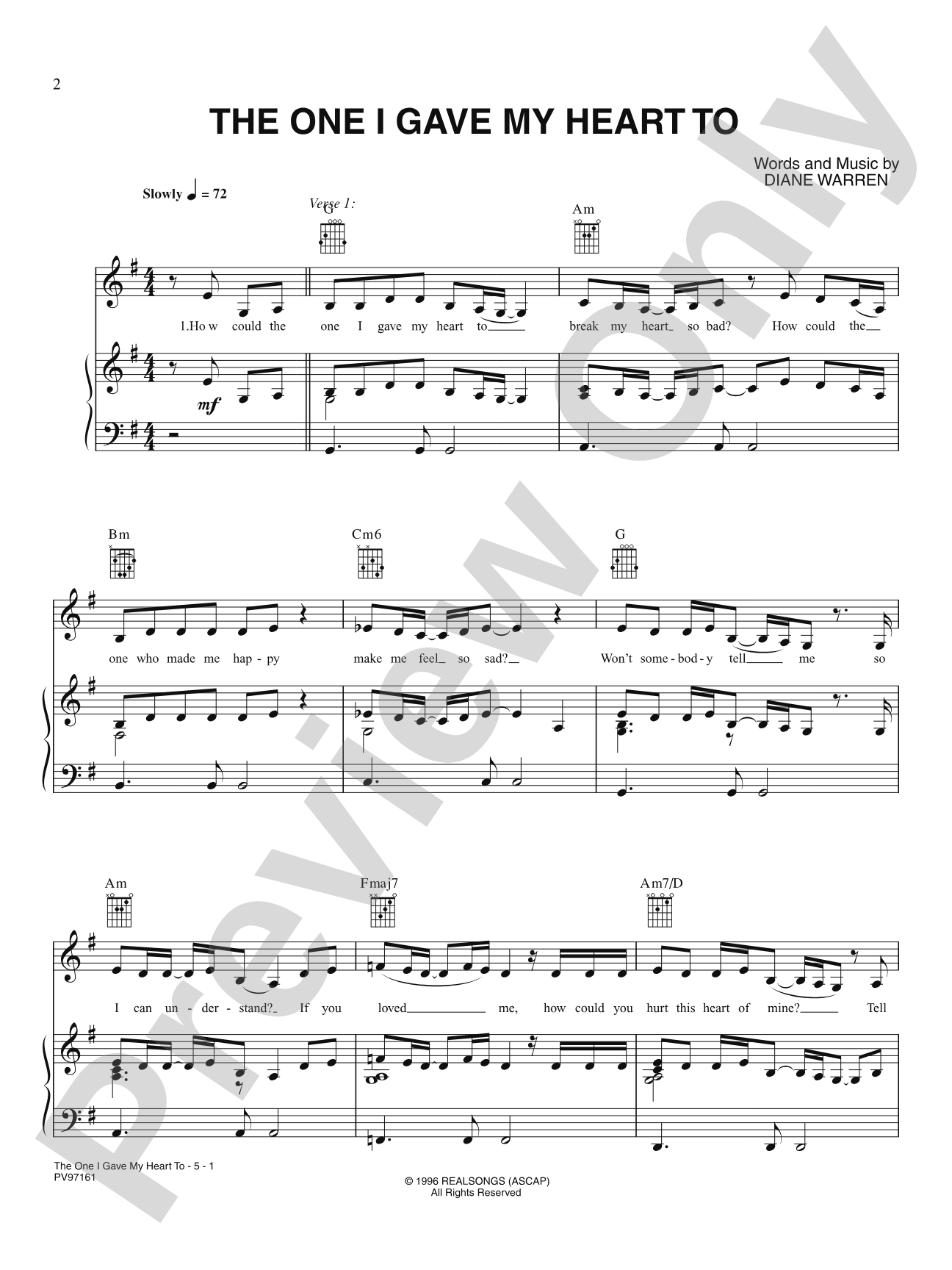 The One I Gave My Heart To: Piano/Vocal/Chords