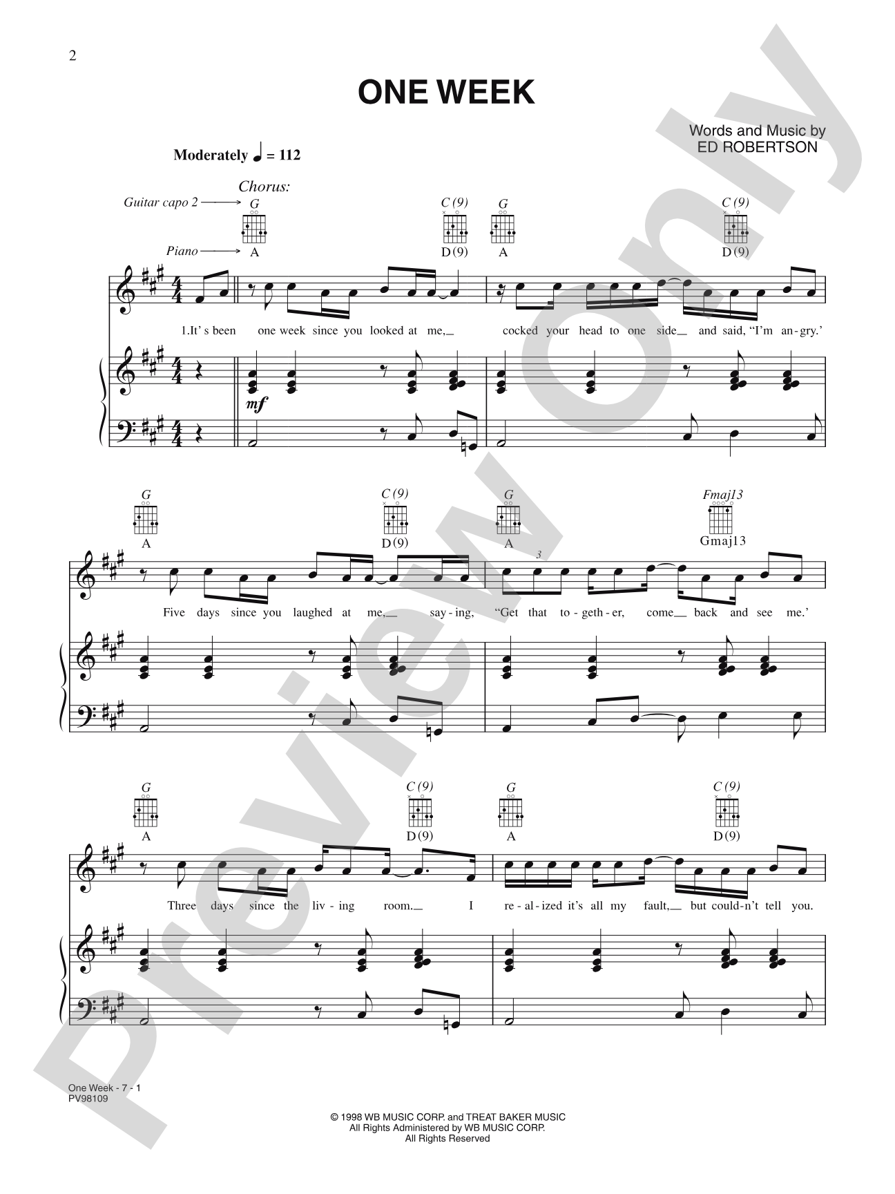 One Week: Piano/Vocal/Chords