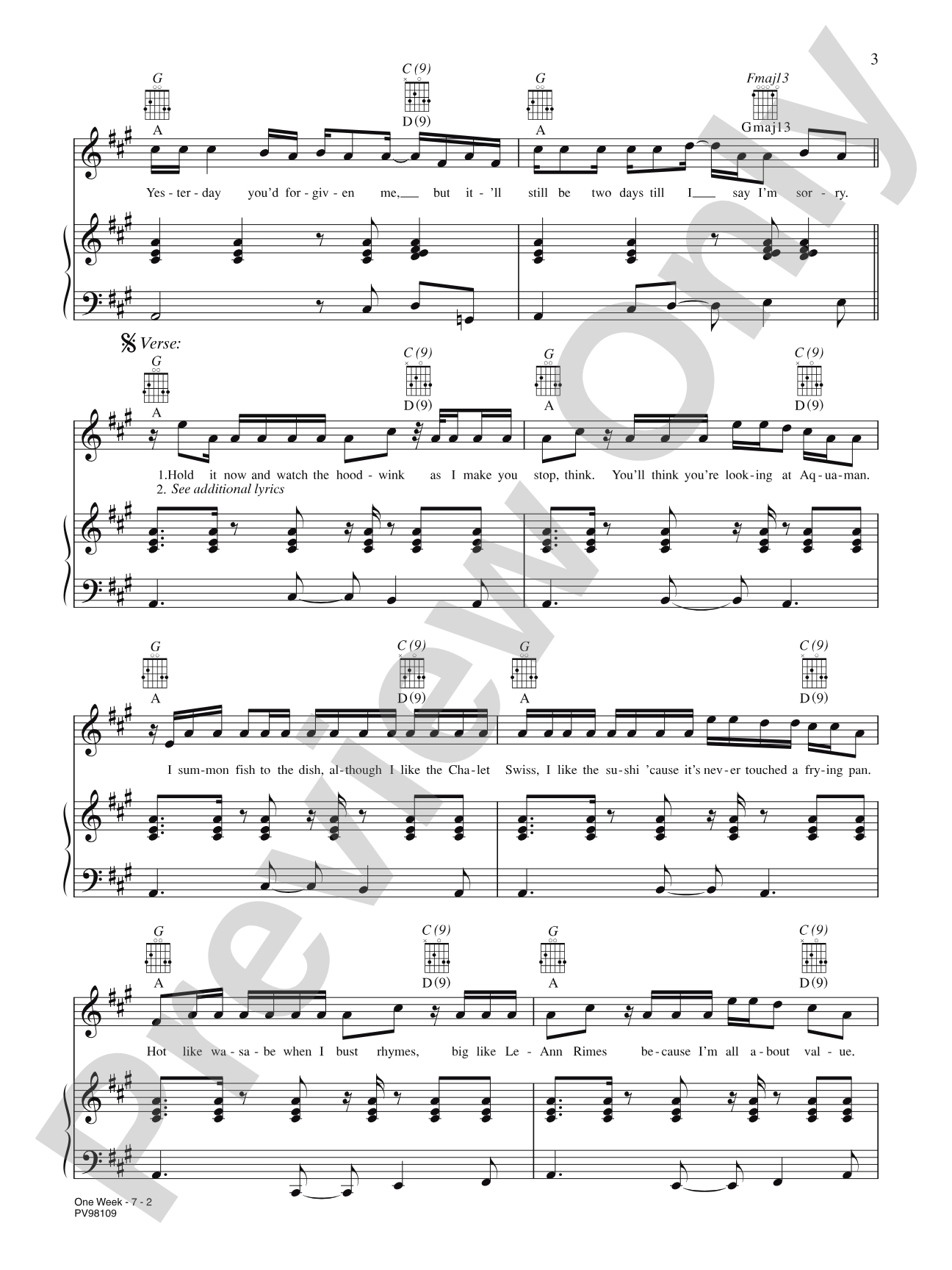 One Week: Piano/Vocal/Chords