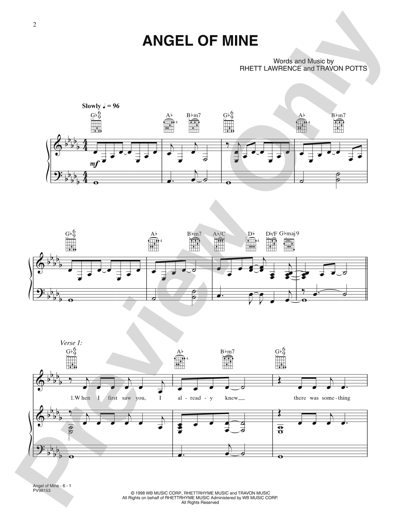 Angel of Mine: Piano/Vocal/Chords
