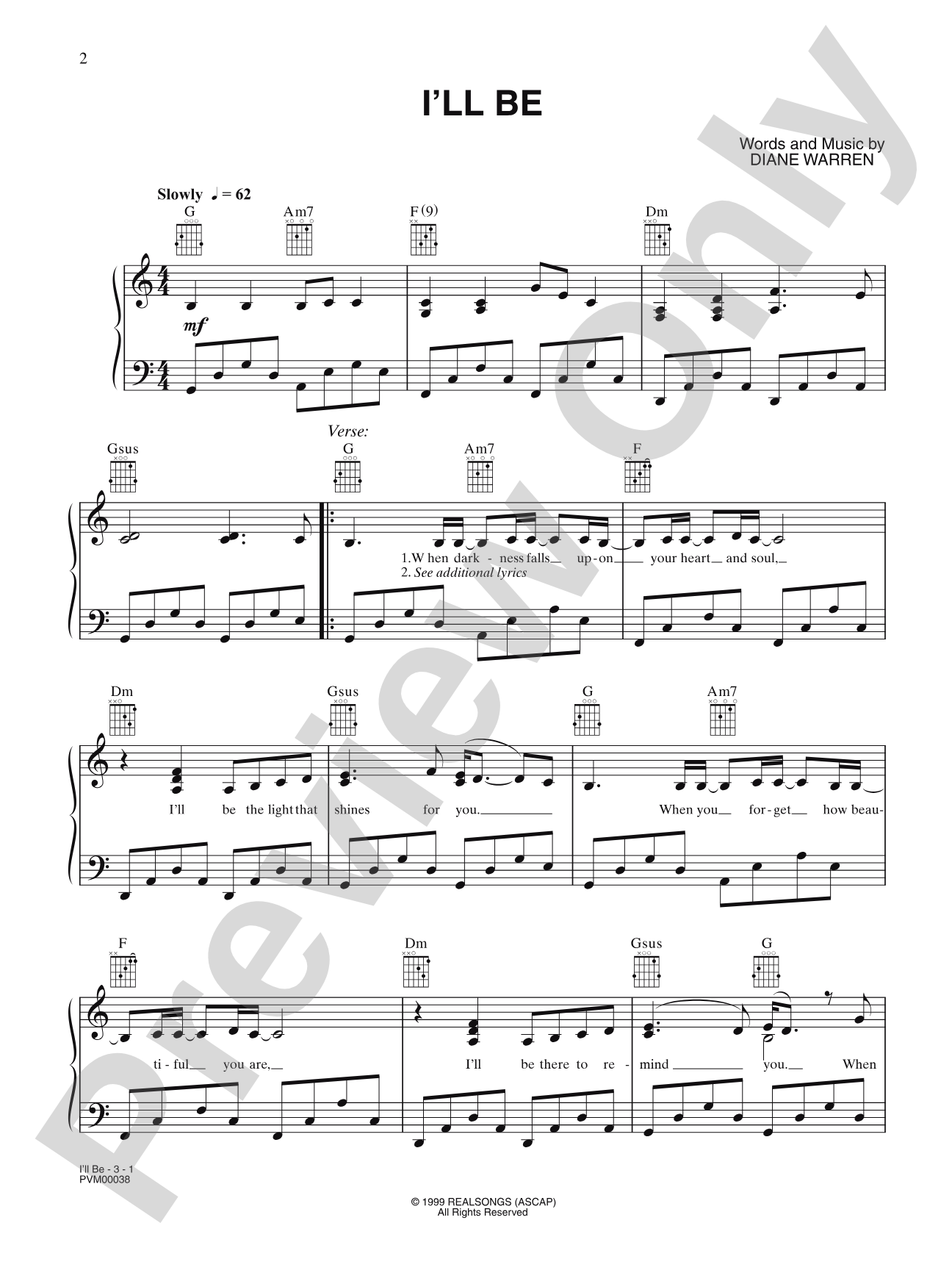 I'll Be: Piano/Vocal/Chords