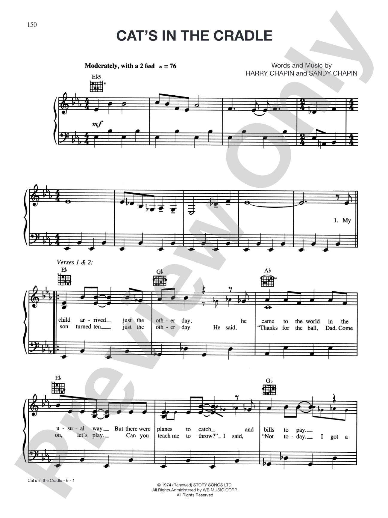 Cat's in the Cradle: Piano/Vocal/Chords