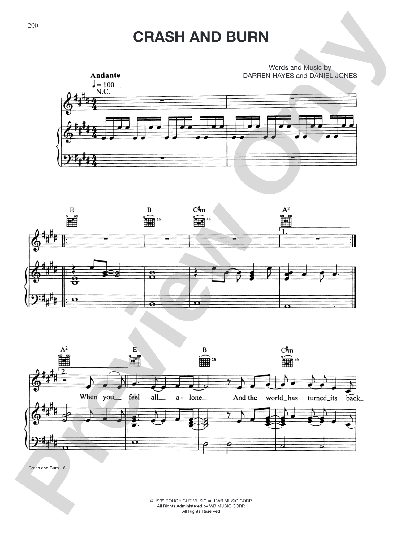 Crash and Burn: Piano/Vocal/Chords