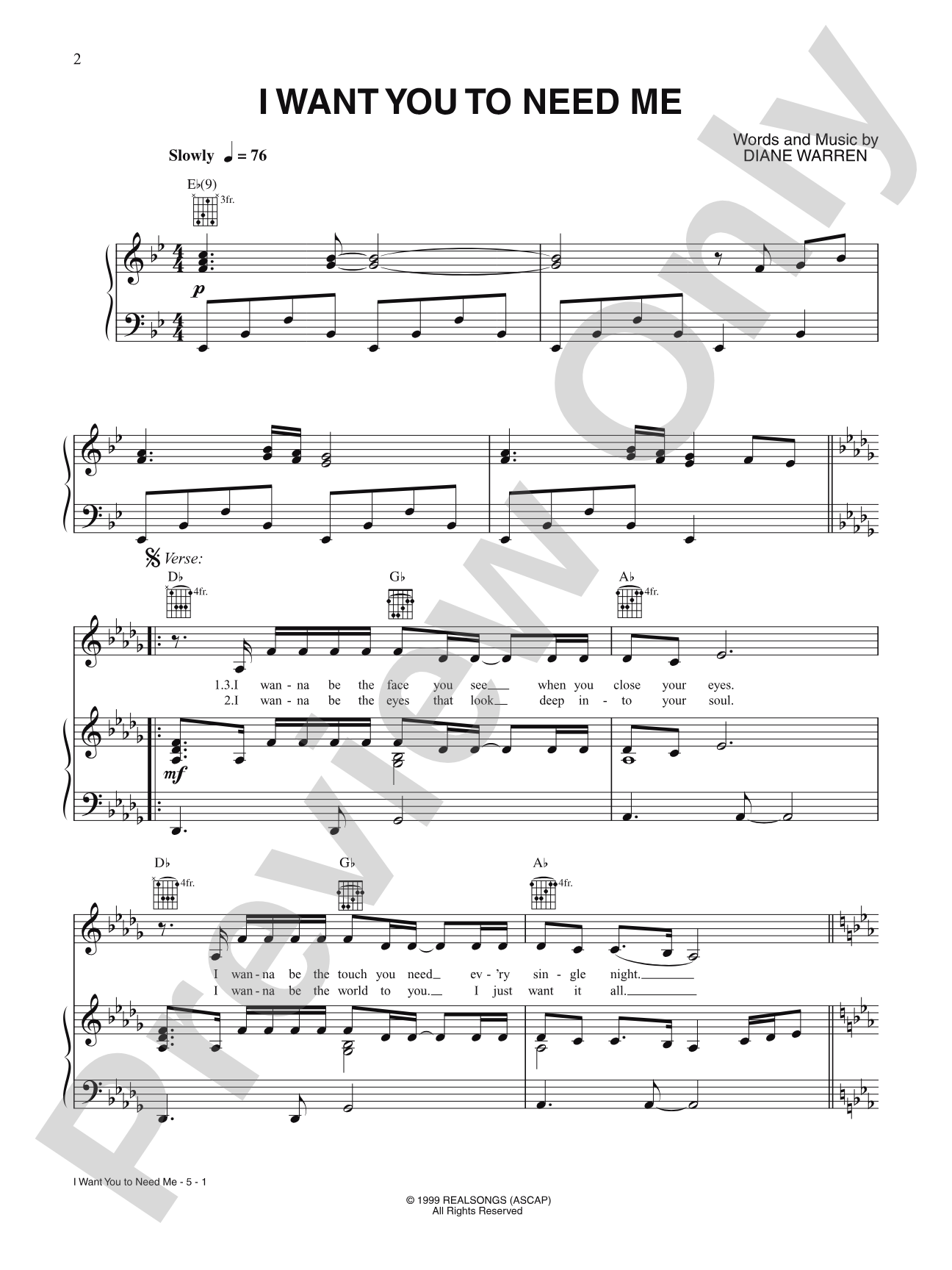 I Want You to Need Me: Piano/Vocal/Chords